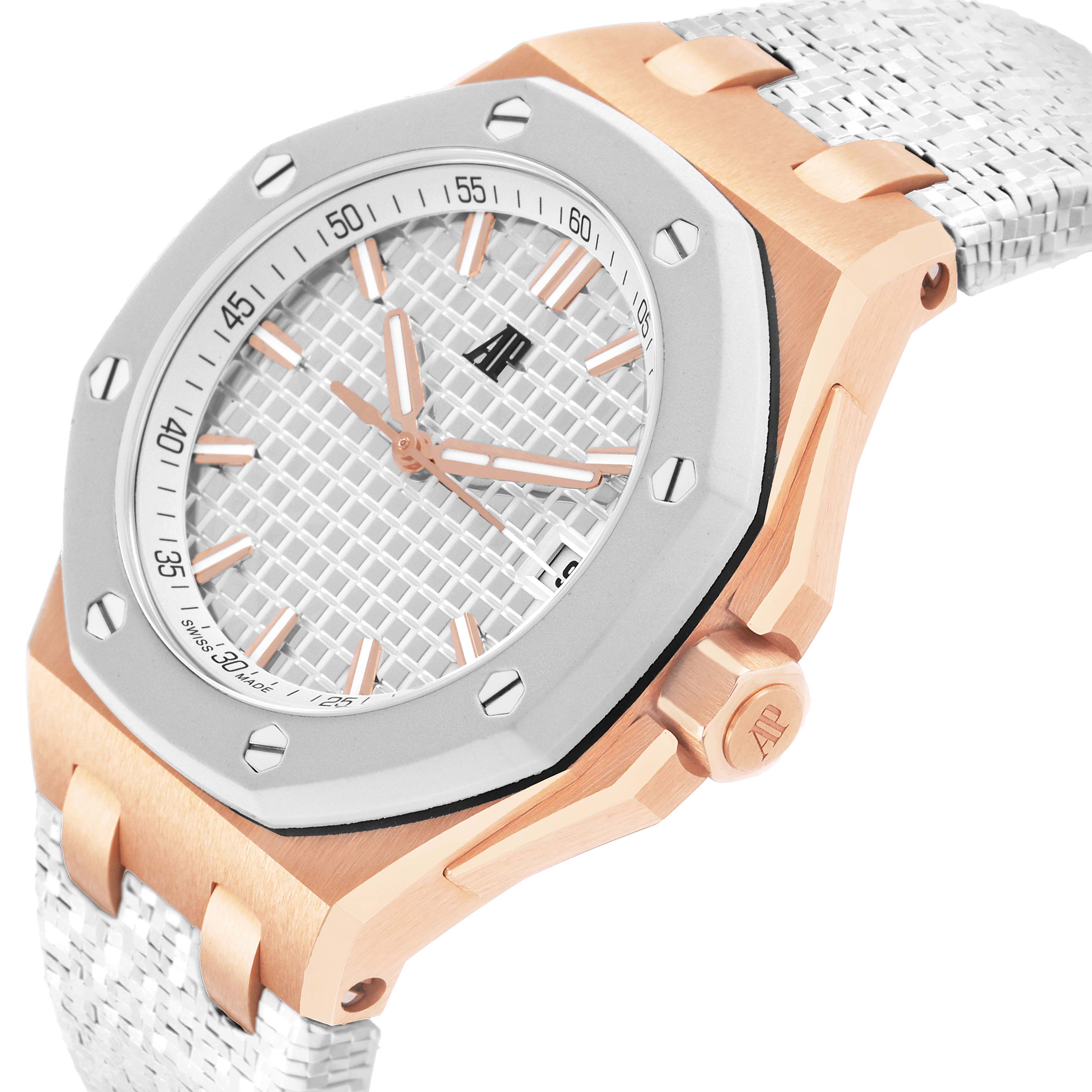 The Audemars Piguet Royal Oak Offshore 77605OK.OO.A101CA.01 Women's Rose Gold White Dial is shown at an angle highlighting the bezel, crown, and partial strap.