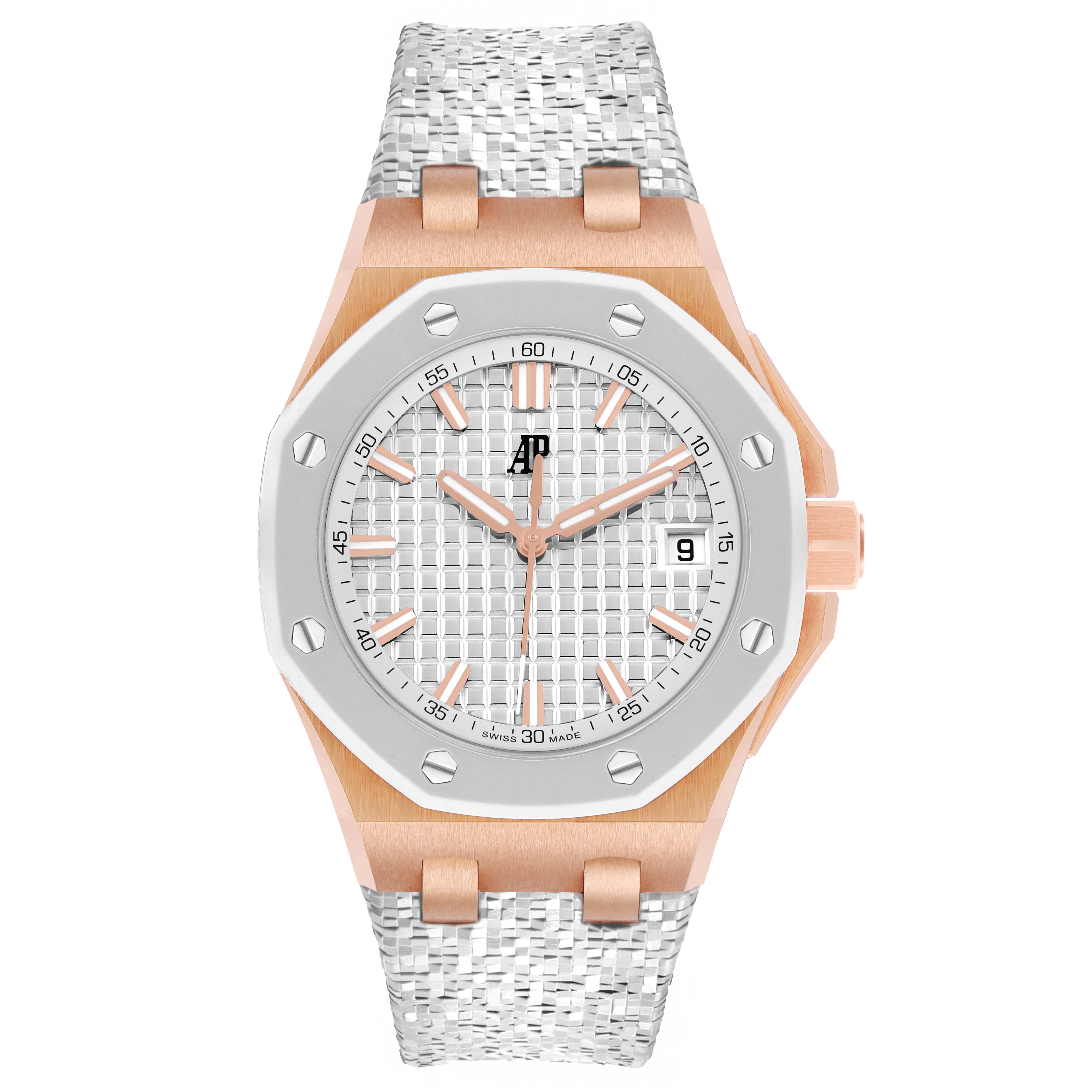 The Audemars Piguet Royal Oak Offshore 77605OK.OO.A101CA.01 Women's Rose Gold White Dial is shown from a front view, displaying the face, bezel, and textured strap.
