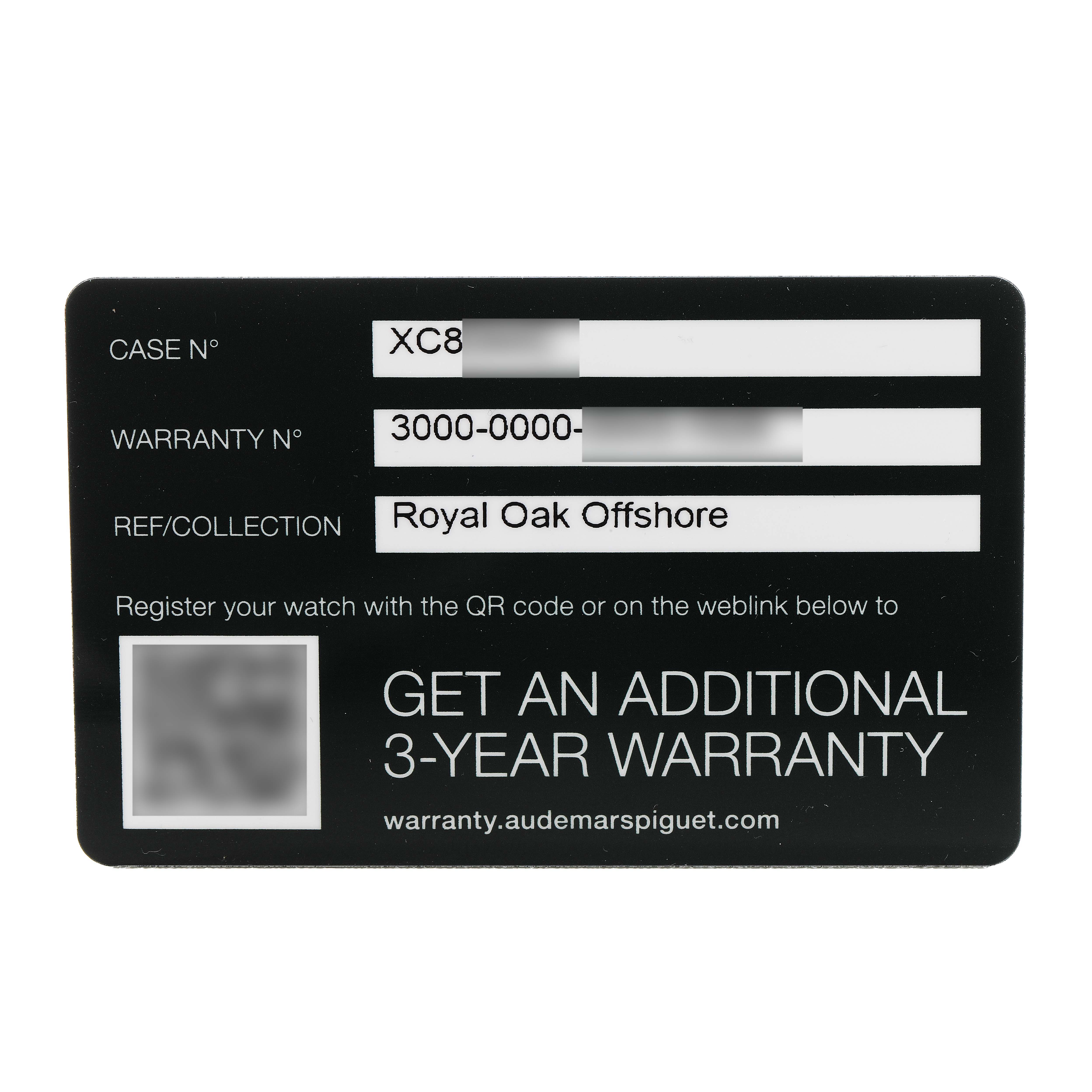 The image shows a warranty card for the Audemars Piguet Royal Oak Offshore 77605OK.OO.A101CA.01 Women's Rose Gold White Dial model.