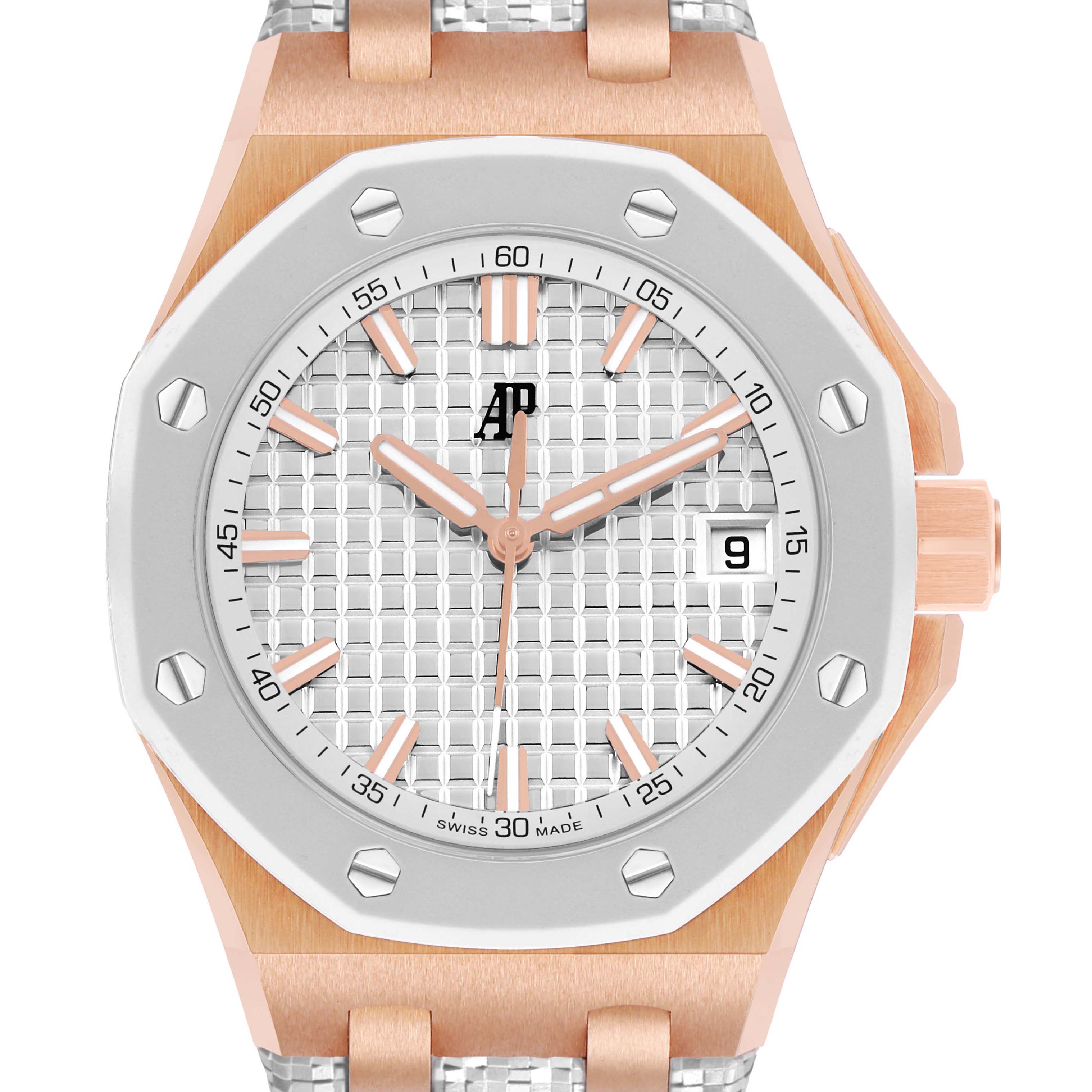 The Audemars Piguet Royal Oak Offshore 77605OK.OO.A101CA.01 Women's Rose Gold White Dial is shown from a front angle, highlighting the dial, bezel, and part of the bracelet.