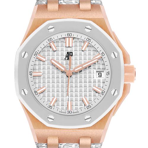 The Audemars Piguet Royal Oak Offshore 77605OK.OO.A101CA.01 Women's Rose Gold White Dial watch is shown from the front, highlighting the dial, hands, bezel, and date window.