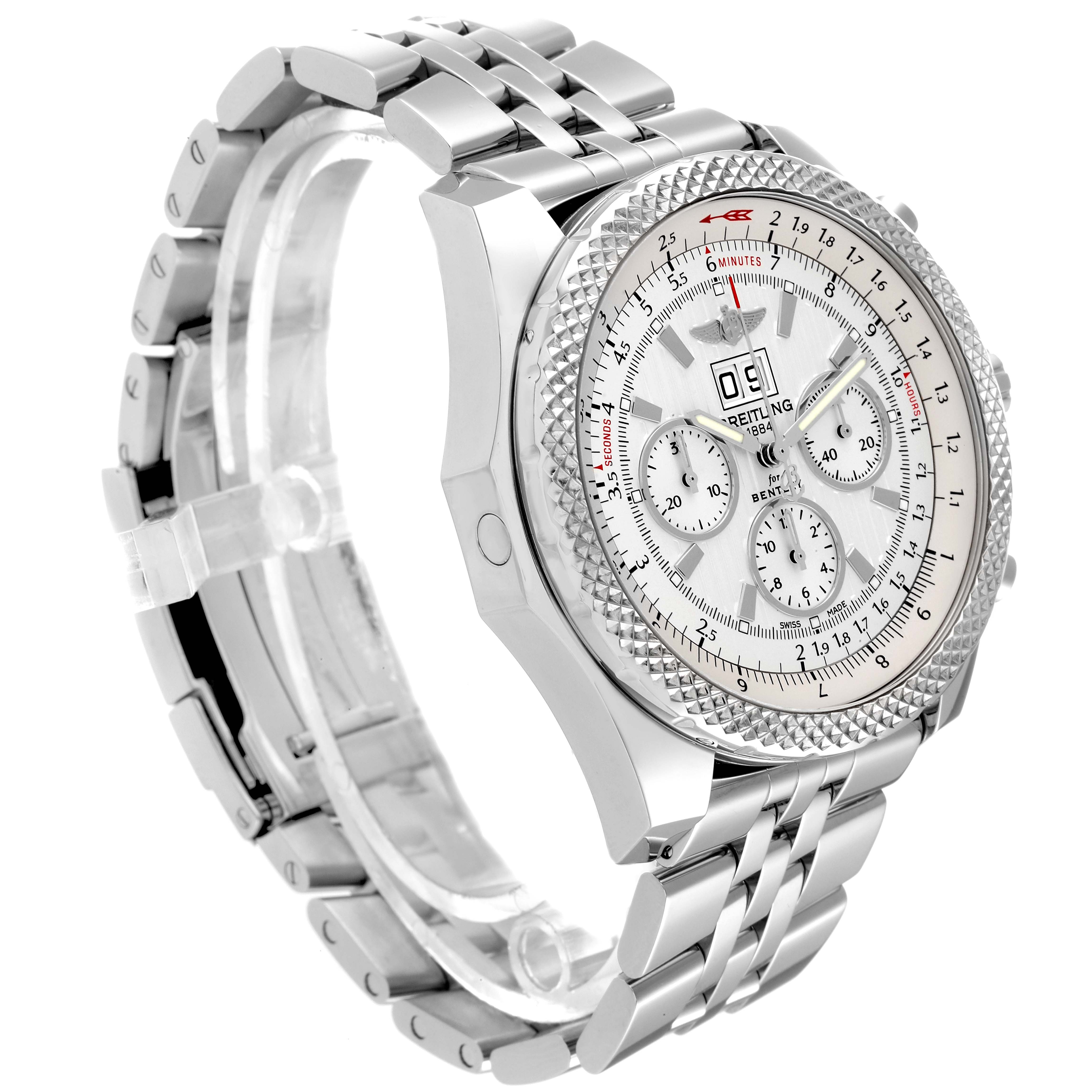 The Breitling Bentley A44364 Men's Stainless Steel Silver Dial A44364 Men's Stainless Steel Silver Dial watch is shown from a diagonal front angle, highlighting its dial, bezel, and bracelet.
