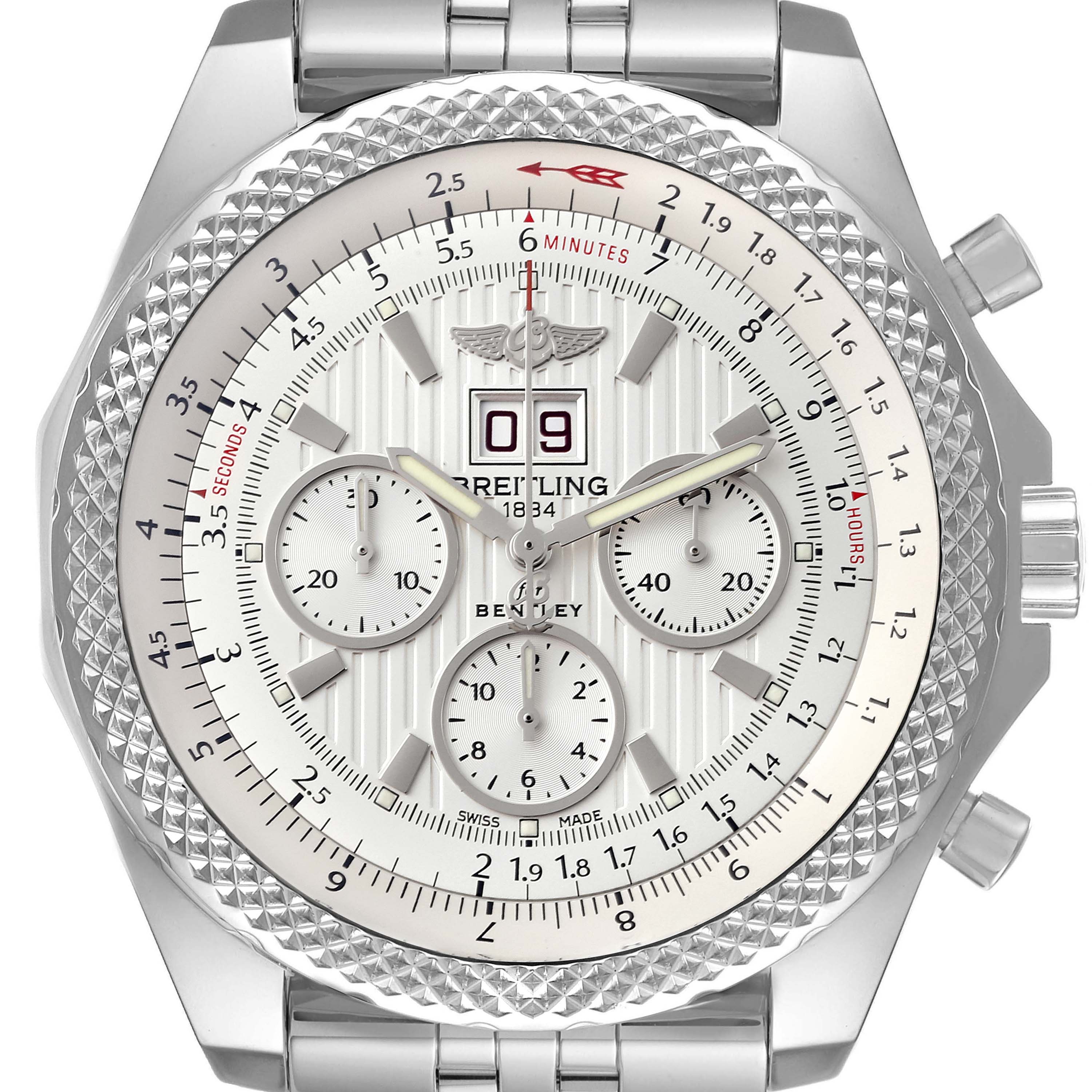 This image shows a top-down view of a Bentley model Breitling watch, displaying the face, bezel, and part of the bracelet.