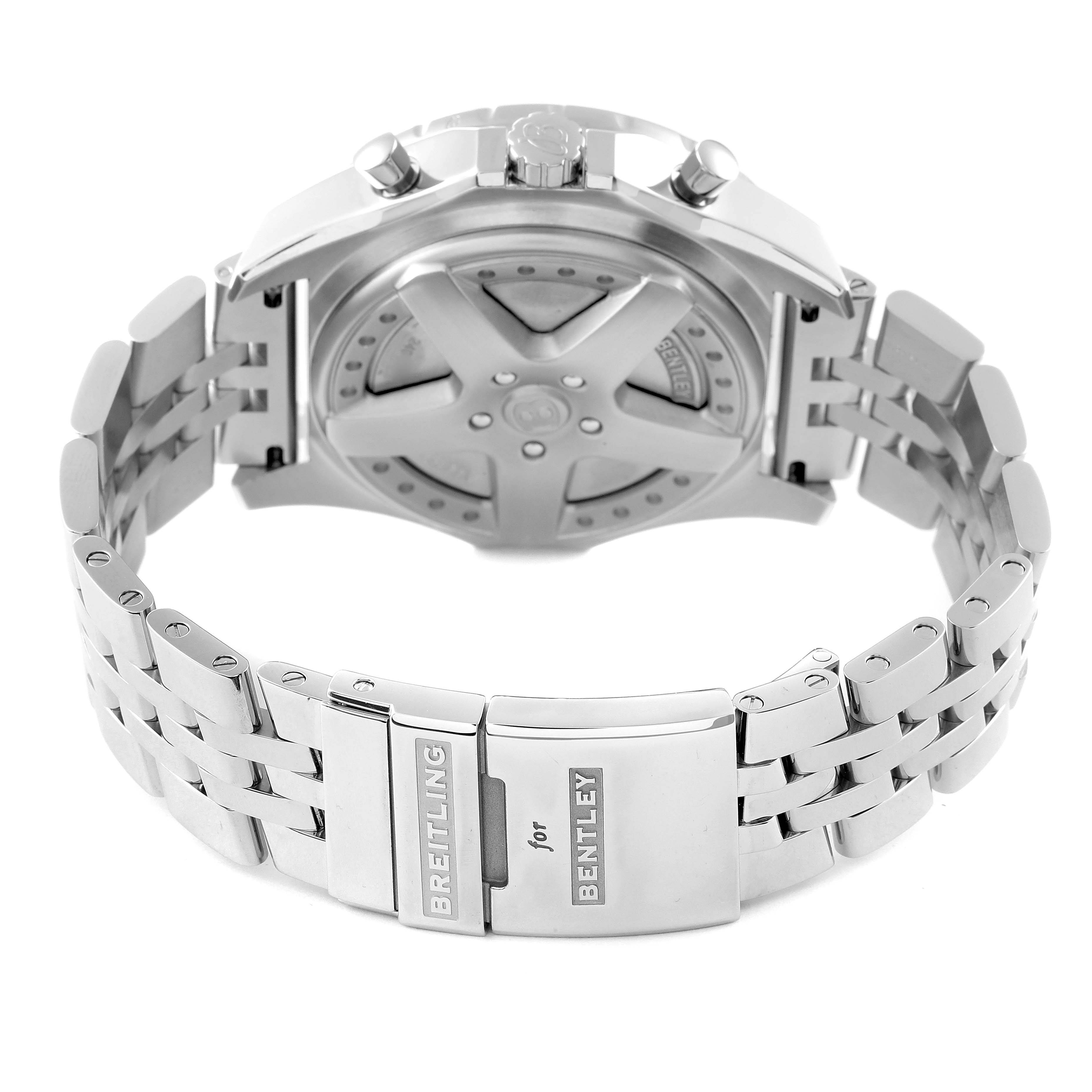 The image shows the back and clasp of the Breitling for Bentley watch with focus on its stainless steel bracelet.