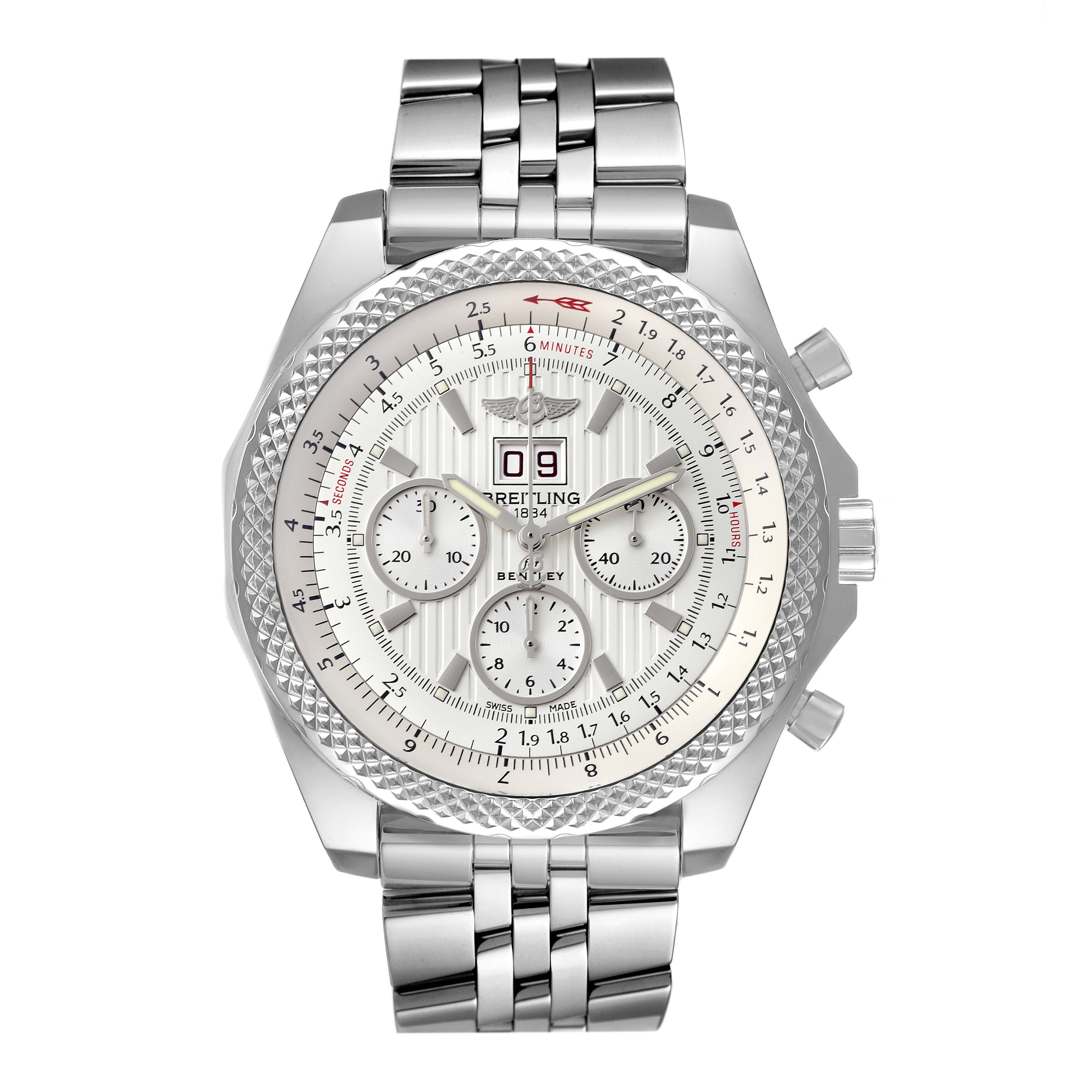 This image shows a frontal view of the Breitling Bentley A44364 Men's Stainless Steel Silver Dial A44364 Men's Stainless Steel Silver Dial watch, displaying its face, bezel, and metal bracelet.
