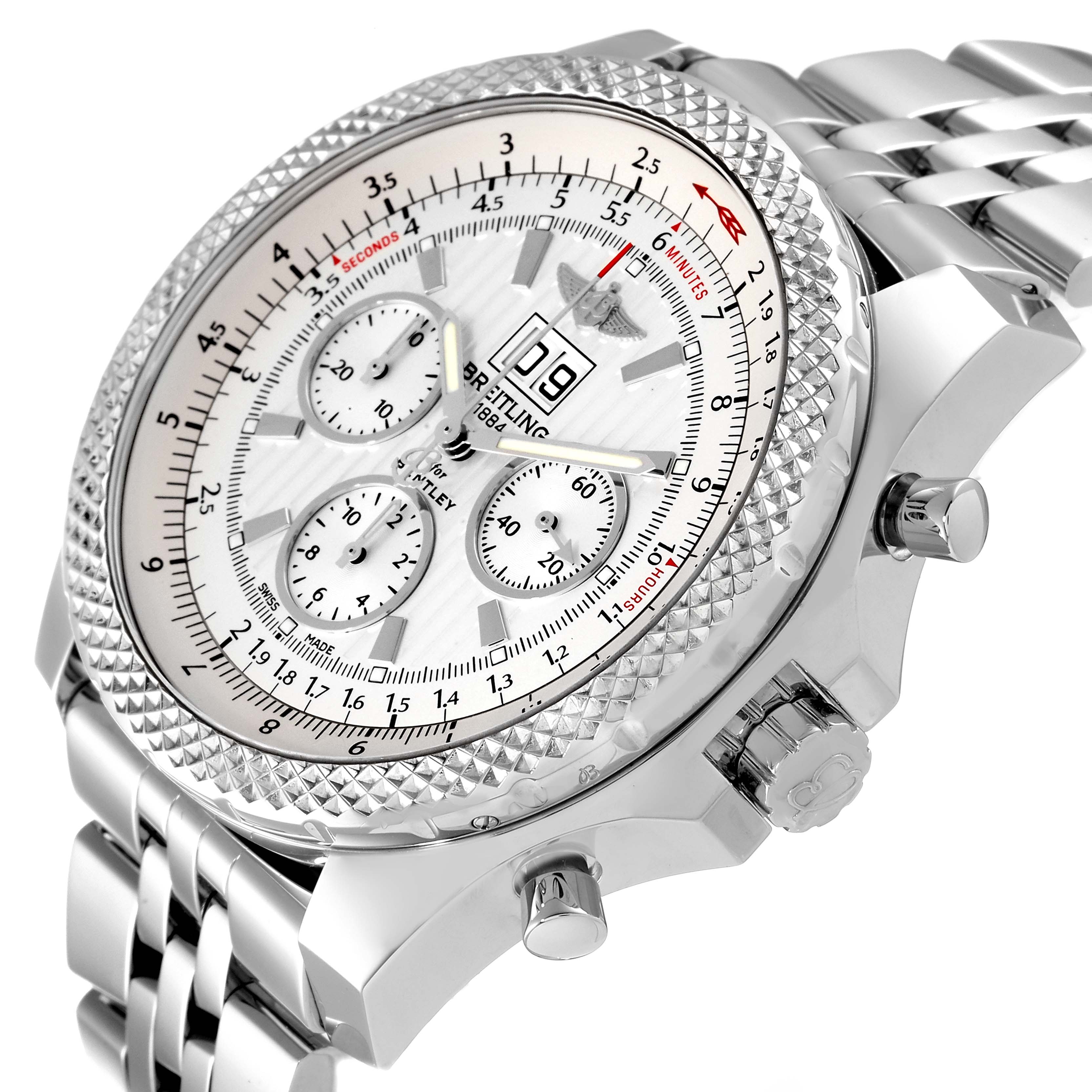 The Breitling Bentley A44364 Men's Stainless Steel Silver Dial A44364 Men's Stainless Steel Silver Dial watch is shown from an angled side view, highlighting the dial, bezel, crown, and metal bracelet.