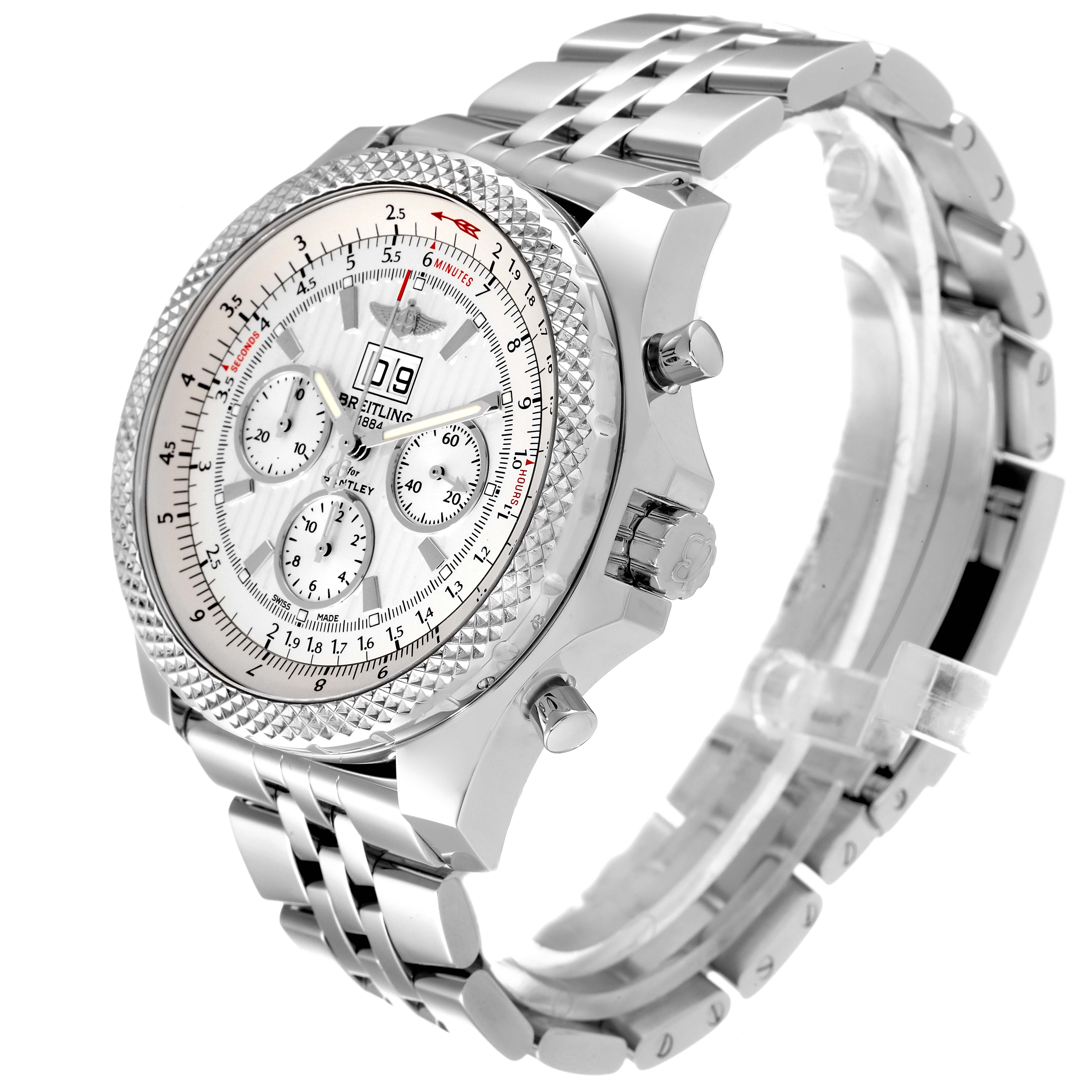 The image shows a Breitling Bentley A44364 Men's Stainless Steel Silver Dial A44364 Men's Stainless Steel Silver Dial watch from a side angle focusing on the dial and metal bracelet.