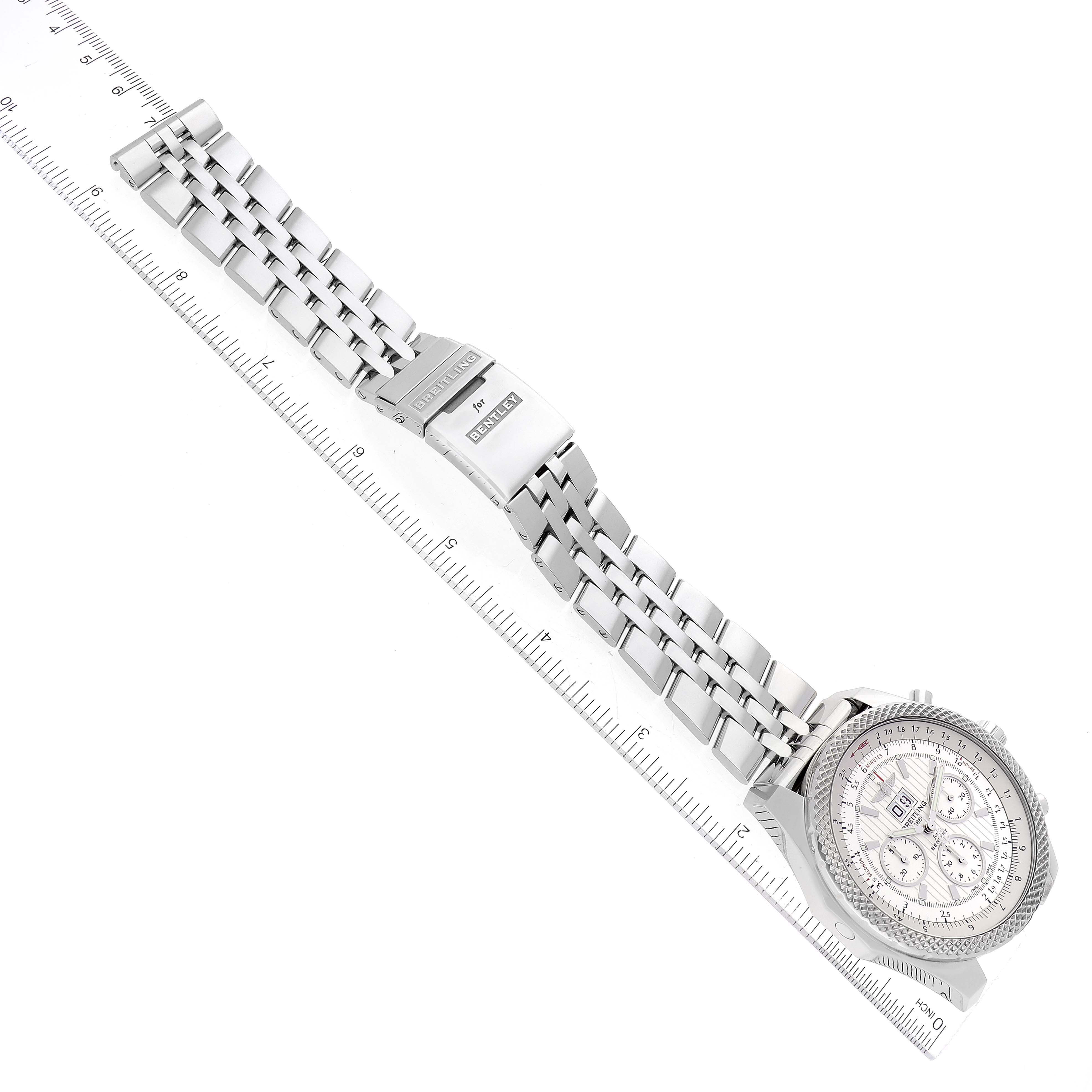 The image shows the Breitling Bentley A44364 Men's Stainless Steel Silver Dial A44364 Men's Stainless Steel Silver Dial model watch from an overhead angle, highlighting the band, clasp, and dial.