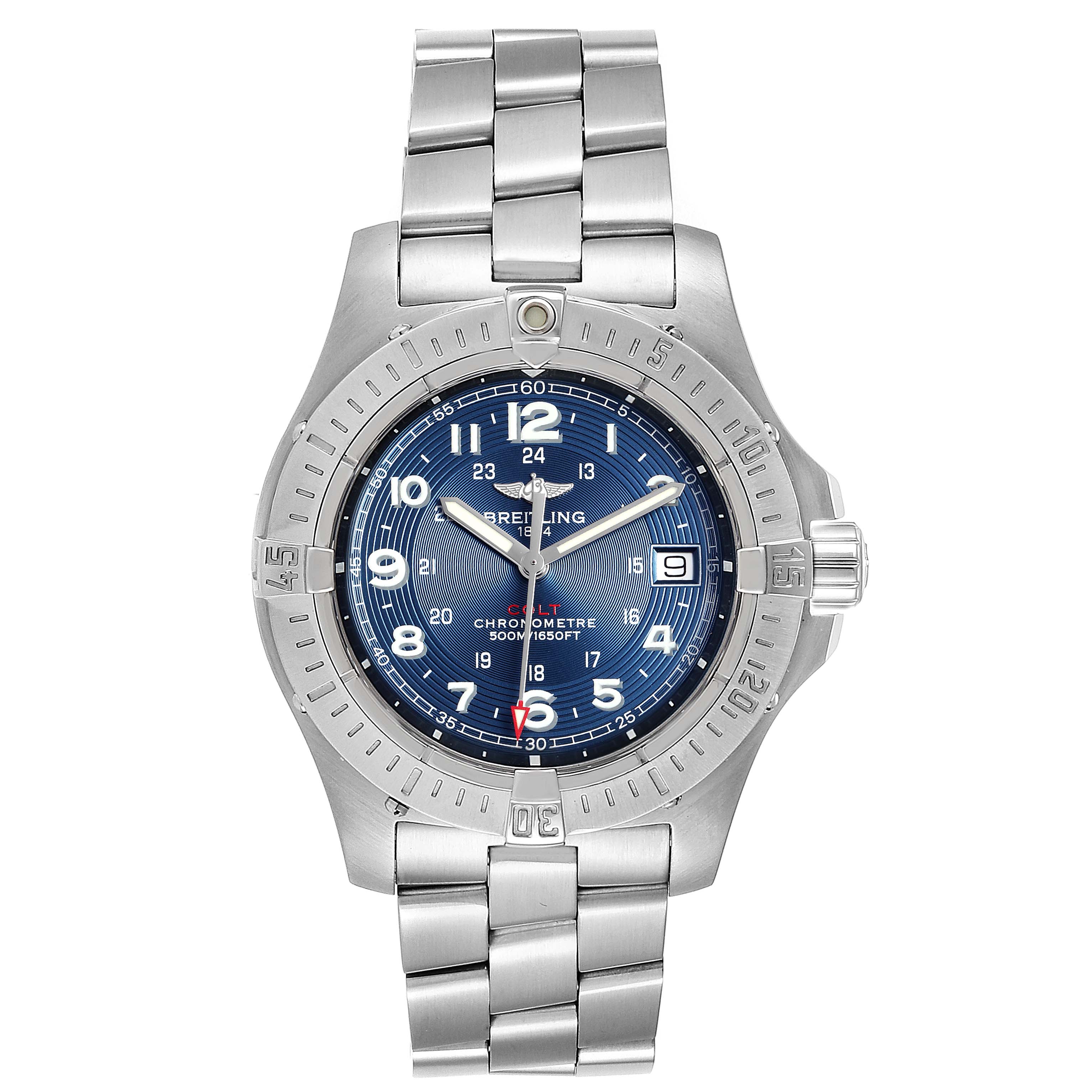 The image shows a frontal view of the Breitling Colt A74380 Men's Stainless Steel Blue Dial A74380 Men's Stainless Steel Blue Dial watch, displaying its dial, bezel, and metal strap.