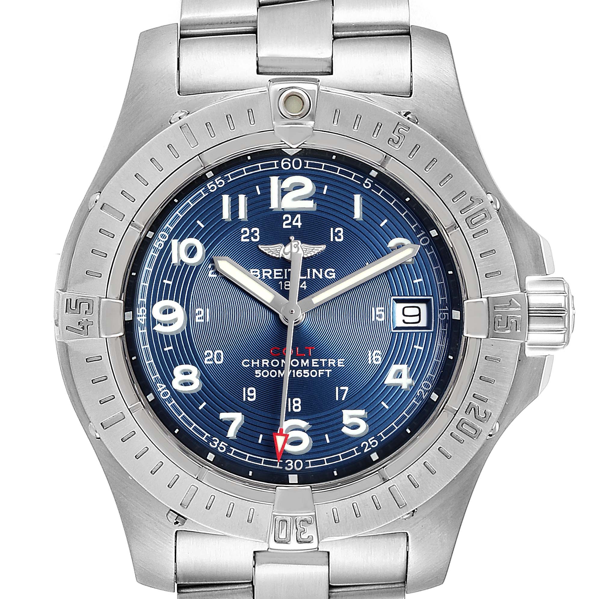 The image shows a front view of the Breitling Colt A74380 Men's Stainless Steel Blue Dial A74380 Men's Stainless Steel Blue Dial watch, featuring its bezel, dial, hands, and part of its bracelet.