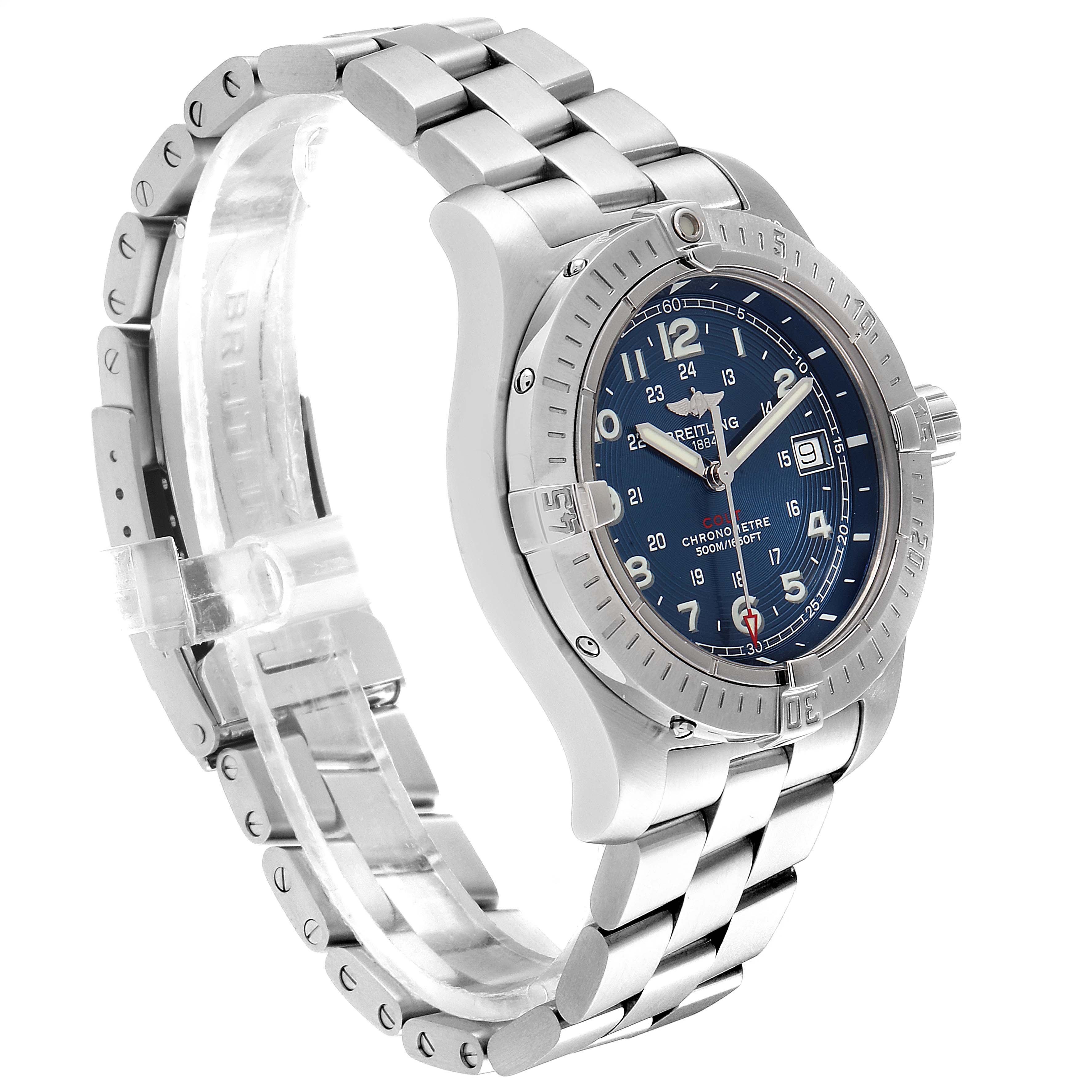 The Breitling Colt A74380 Men's Stainless Steel Blue Dial A74380 Men's Stainless Steel Blue Dial watch is shown from an angled front view displaying its dial, bezel, and metal bracelet.