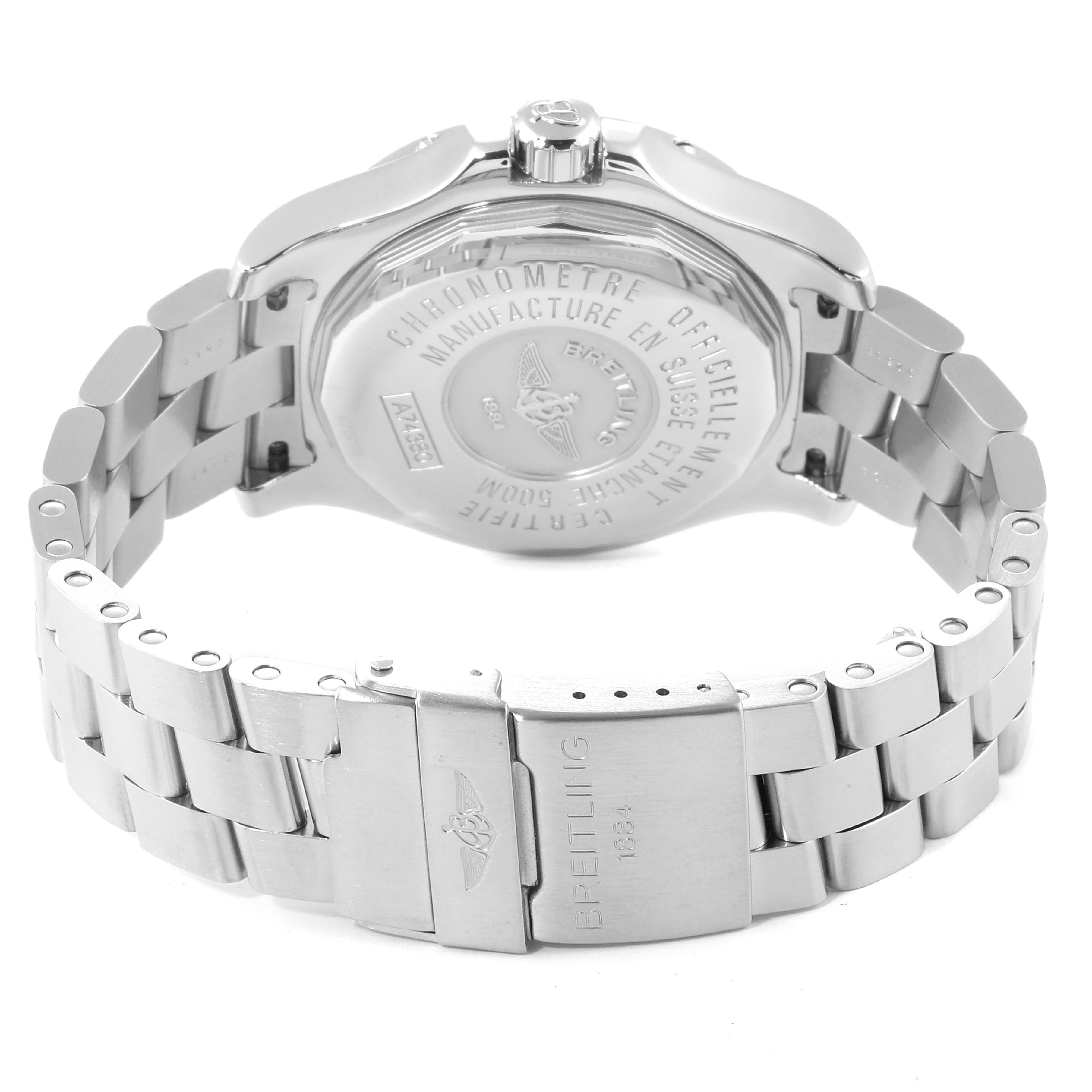 The image shows the case back and bracelet of a Breitling Colt A74380 Men's Stainless Steel Blue Dial A74380 Men's Stainless Steel Blue Dial watch from a rear angle.