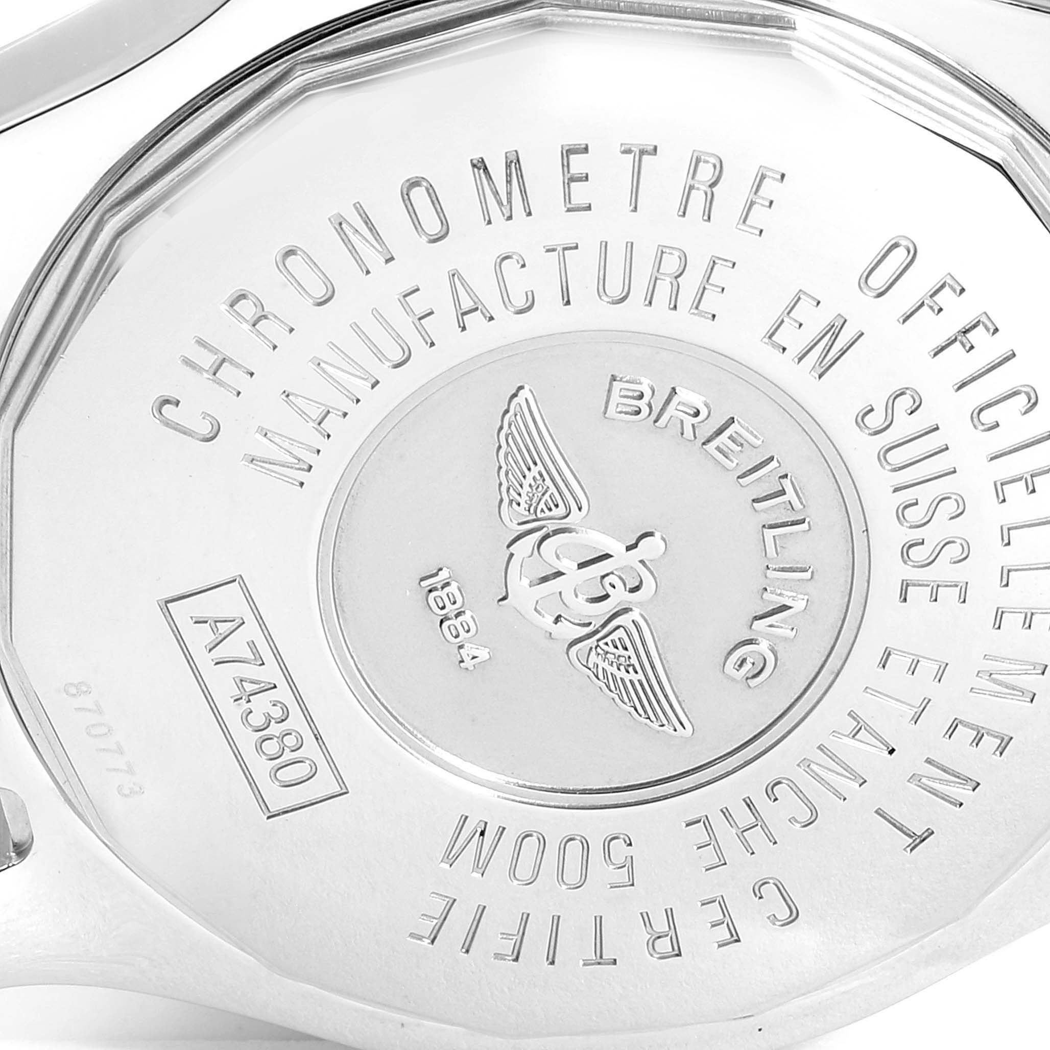 The image shows the back case of a Breitling Colt A74380 Men's Stainless Steel Blue Dial A74380 Men's Stainless Steel Blue Dial watch, highlighting its engravings and logo.