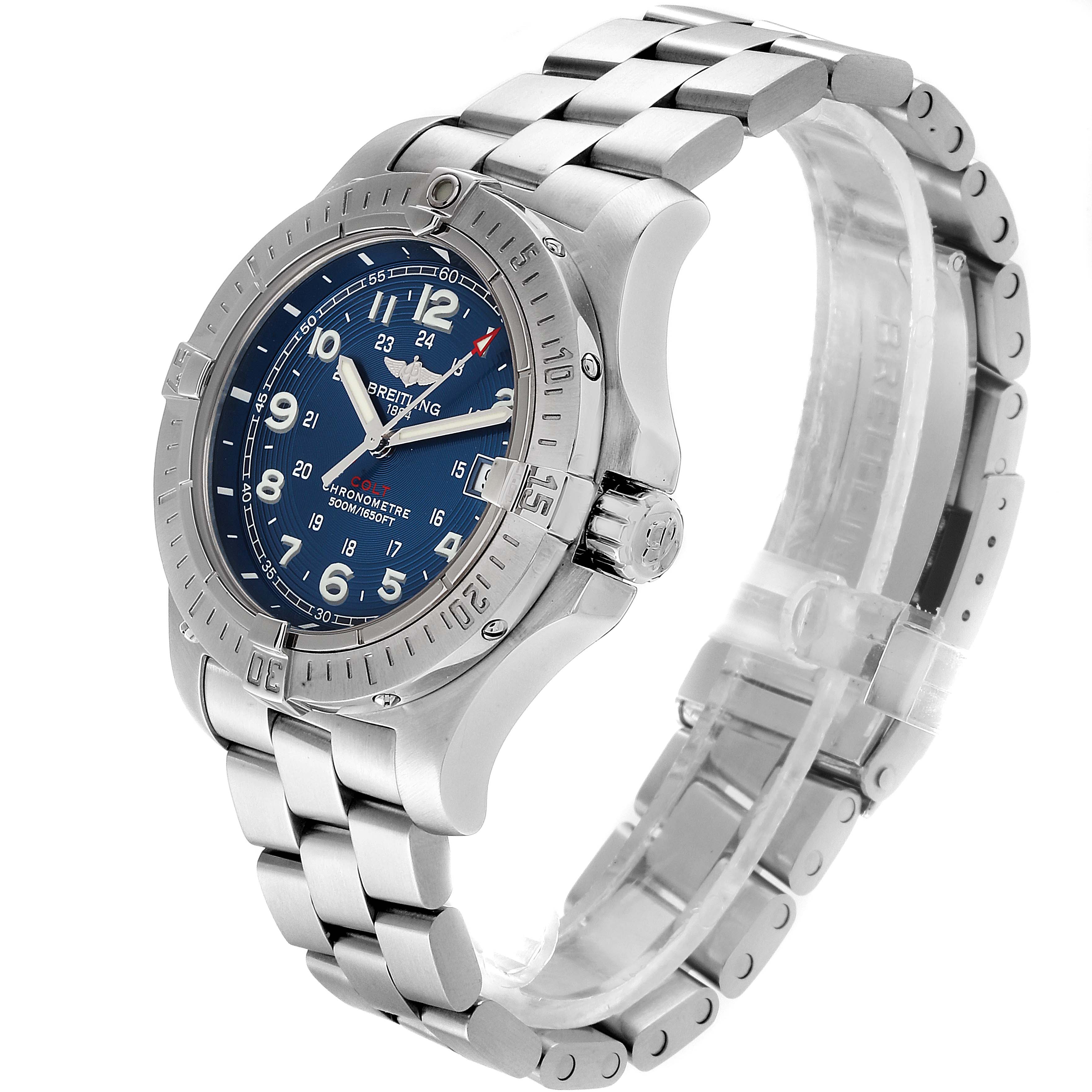 This is a side-angle view of the Breitling Colt A74380 Men's Stainless Steel Blue Dial A74380 Men's Stainless Steel Blue Dial watch showcasing the face, bezel, crown, and part of the bracelet.