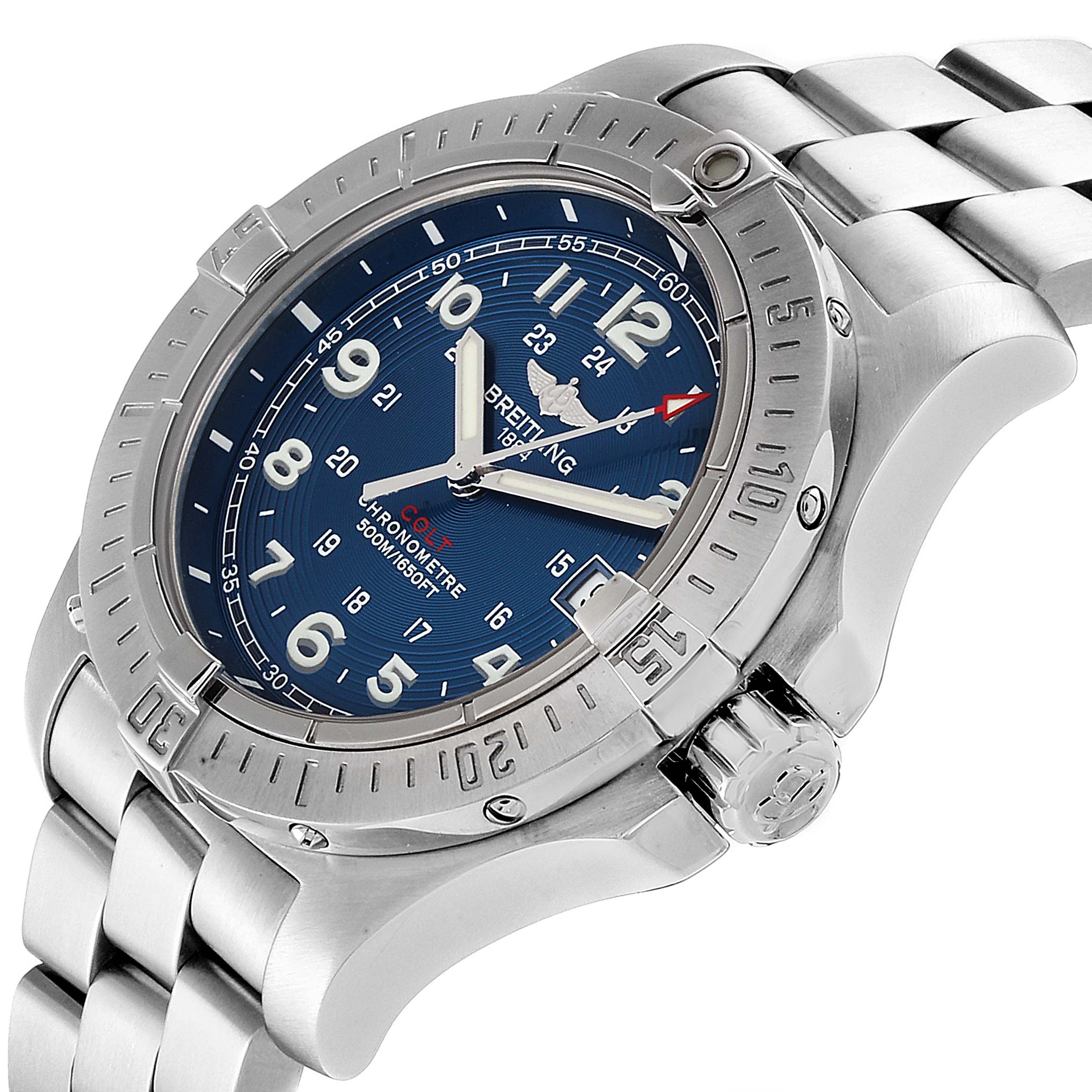 The image shows a Breitling Colt A74380 Men's Stainless Steel Blue Dial A74380 Men's Stainless Steel Blue Dial watch at a three-quarters angle, displaying its face, crown, bezel, and metal bracelet.