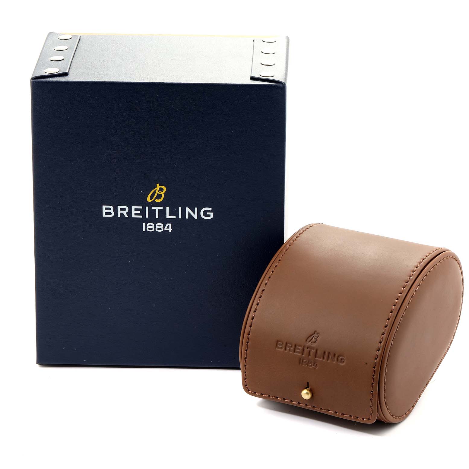 The image shows the packaging and leather case for the Breitling Colt A74380 Men's Stainless Steel Blue Dial A74380 Men's Stainless Steel Blue Dial watch model.