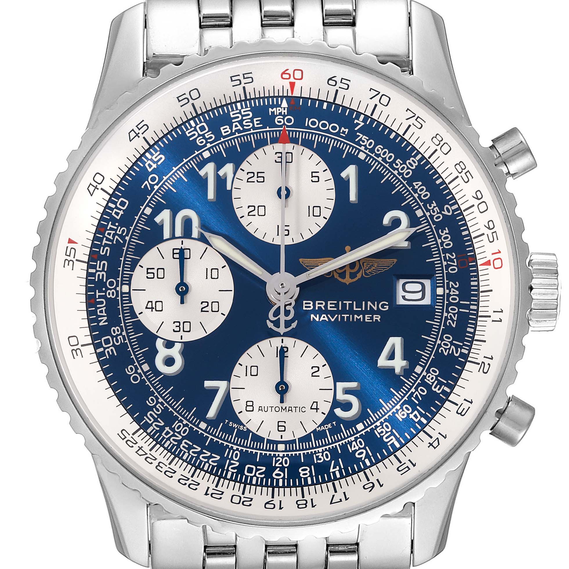 The image shows a front view of a Breitling Navitimer A13322 Men
s Stainless Steel Blue Dial A13322 Men
s Stainless Steel Blue Dial watch, highlighting its blue dial, chronograph subdials, and stainless steel bracelet.