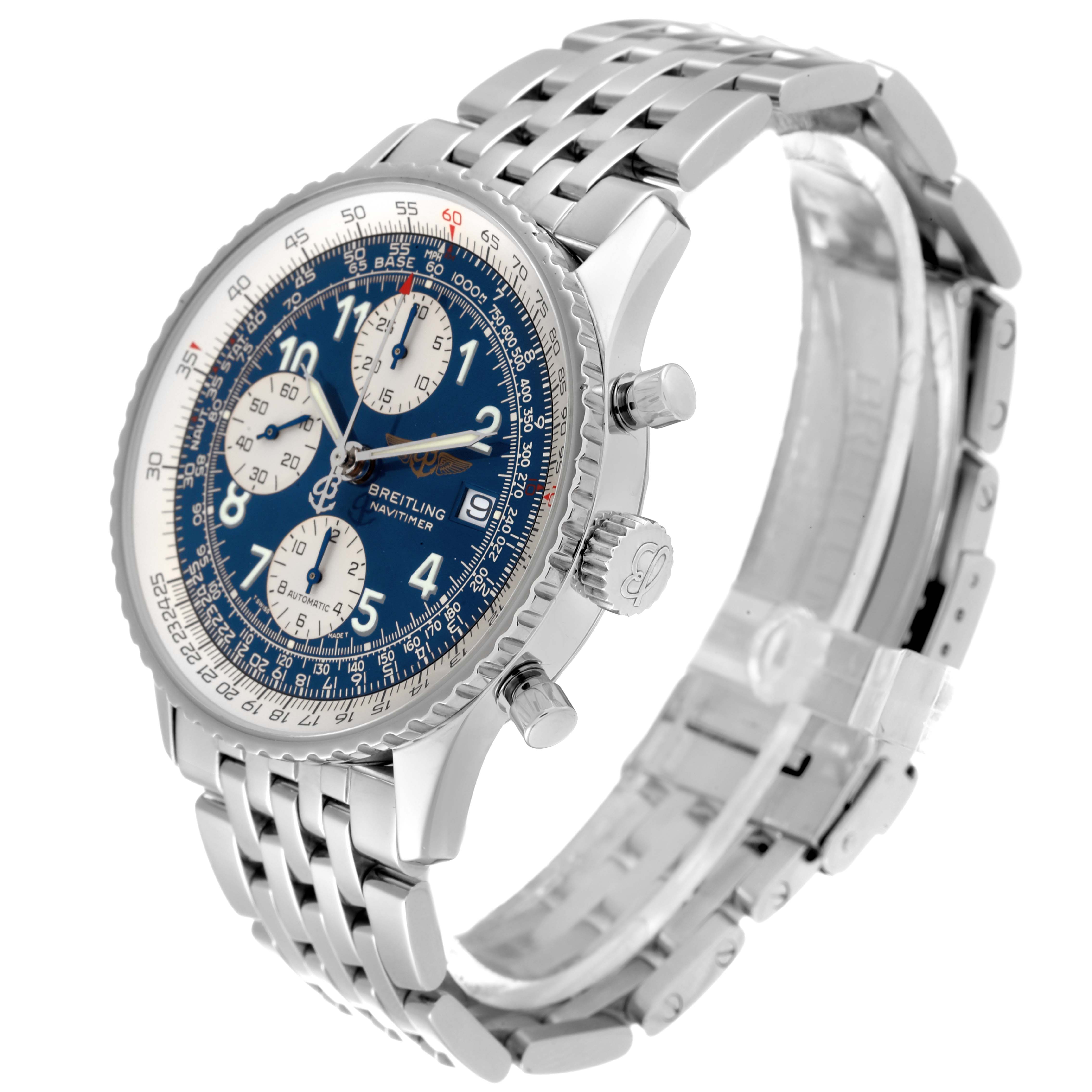 This image shows a Breitling Navitimer A13322 Men
s Stainless Steel Blue Dial A13322 Men
s Stainless Steel Blue Dial watch from an angled side view, highlighting the dial, bezel, crown, and metal bracelet.