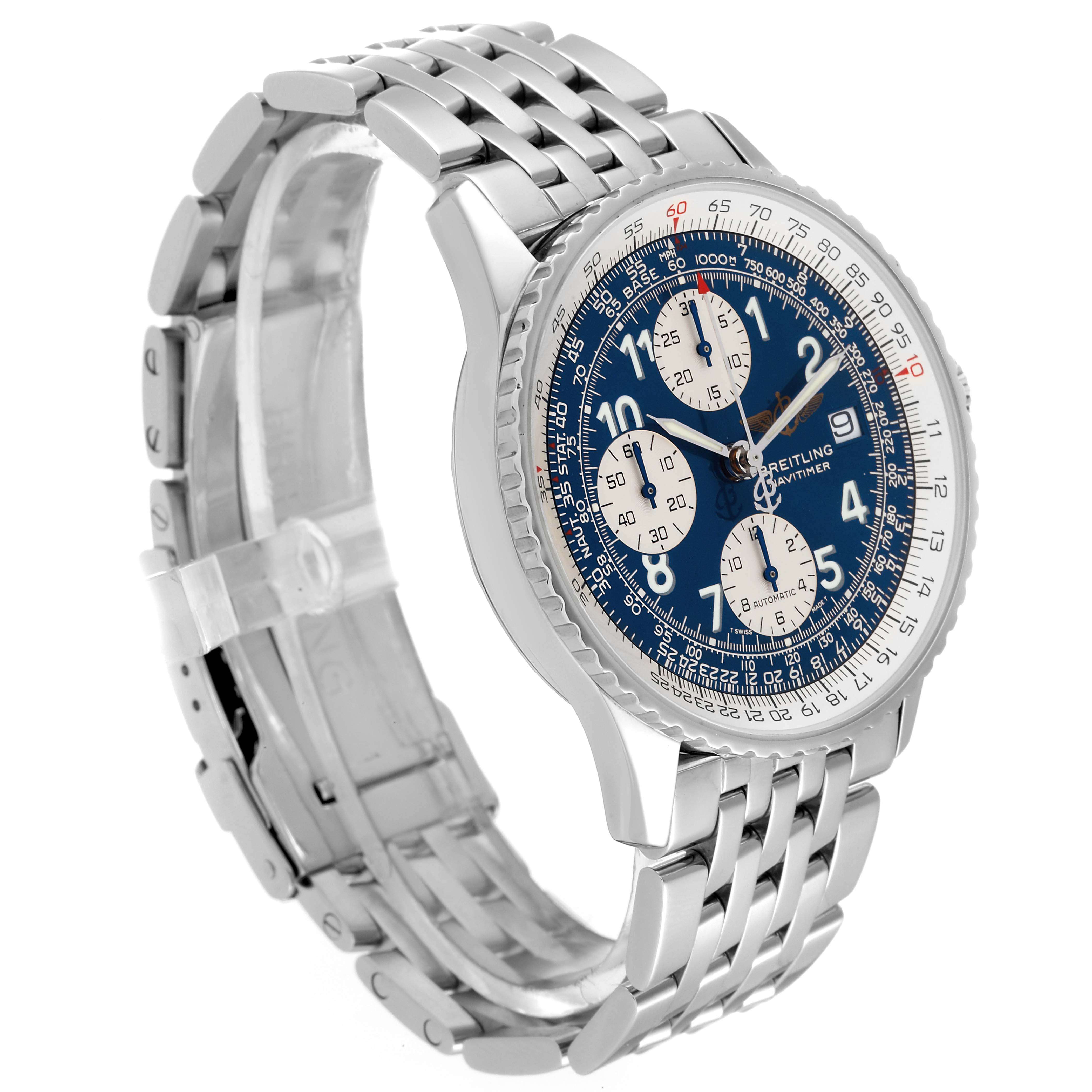 The Breitling Navitimer A13322 Men
s Stainless Steel Blue Dial A13322 Men
s Stainless Steel Blue Dial watch is shown at an angled view, detailing its face, bezel, crown, and metal bracelet.