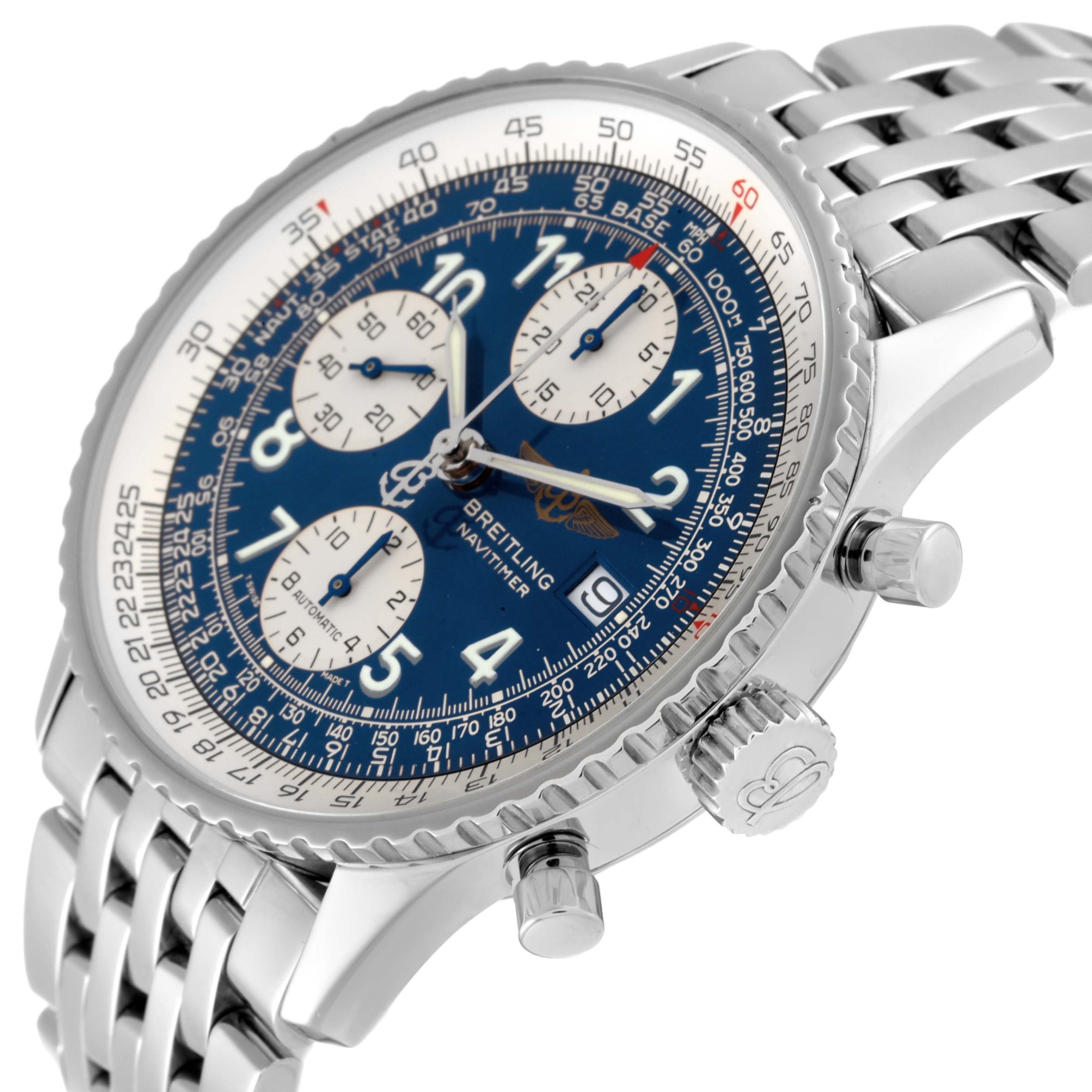 The image shows a side angle view of the Breitling Navitimer A13322 Men
s Stainless Steel Blue Dial A13322 Men
s Stainless Steel Blue Dial watch, highlighting its dial, bezel, crown, pushers, and metal bracelet.