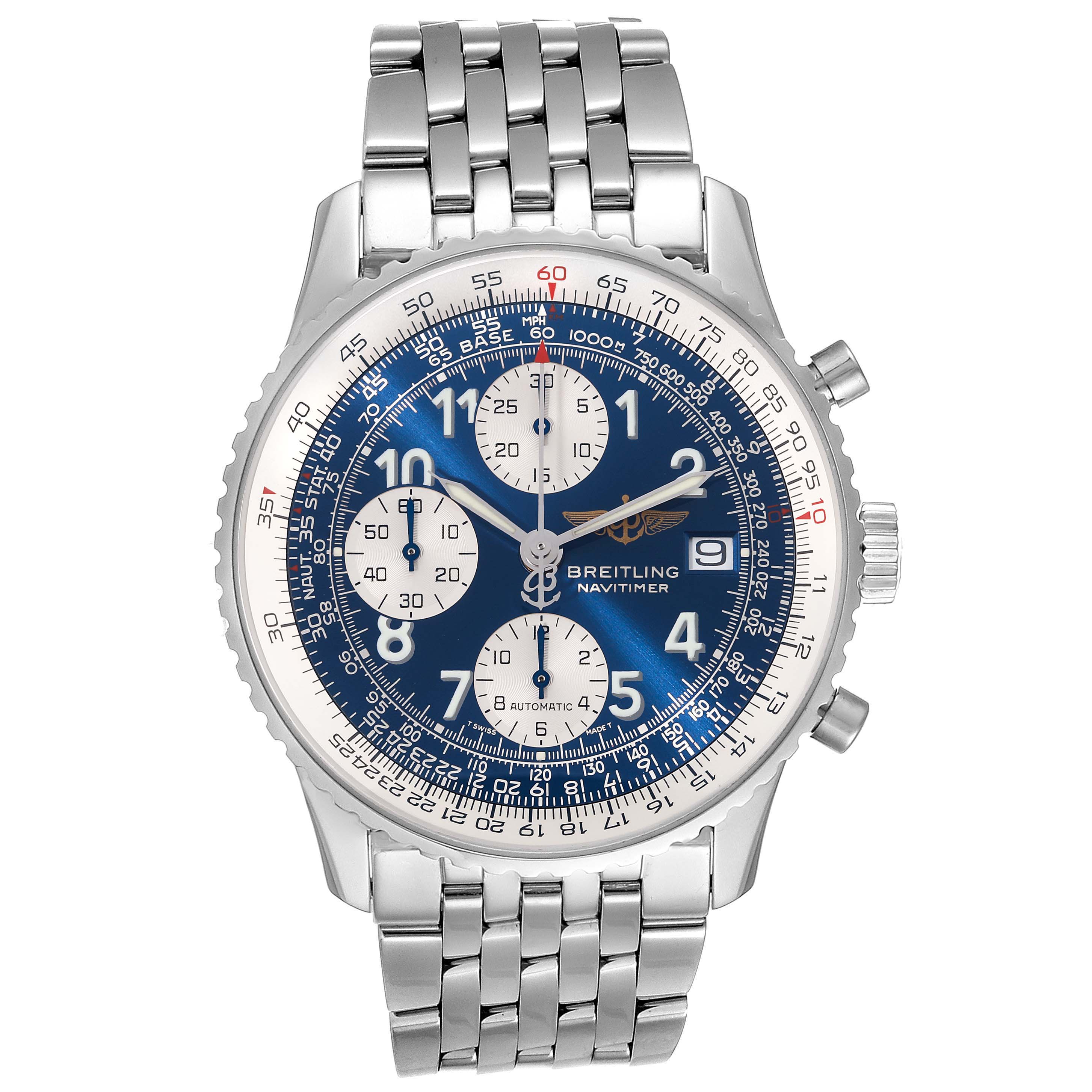 The image shows a Breitling Navitimer A13322 Men
s Stainless Steel Blue Dial A13322 Men
s Stainless Steel Blue Dial watch from a front angle, displaying its face, bezel, chronograph dials, and metal bracelet.