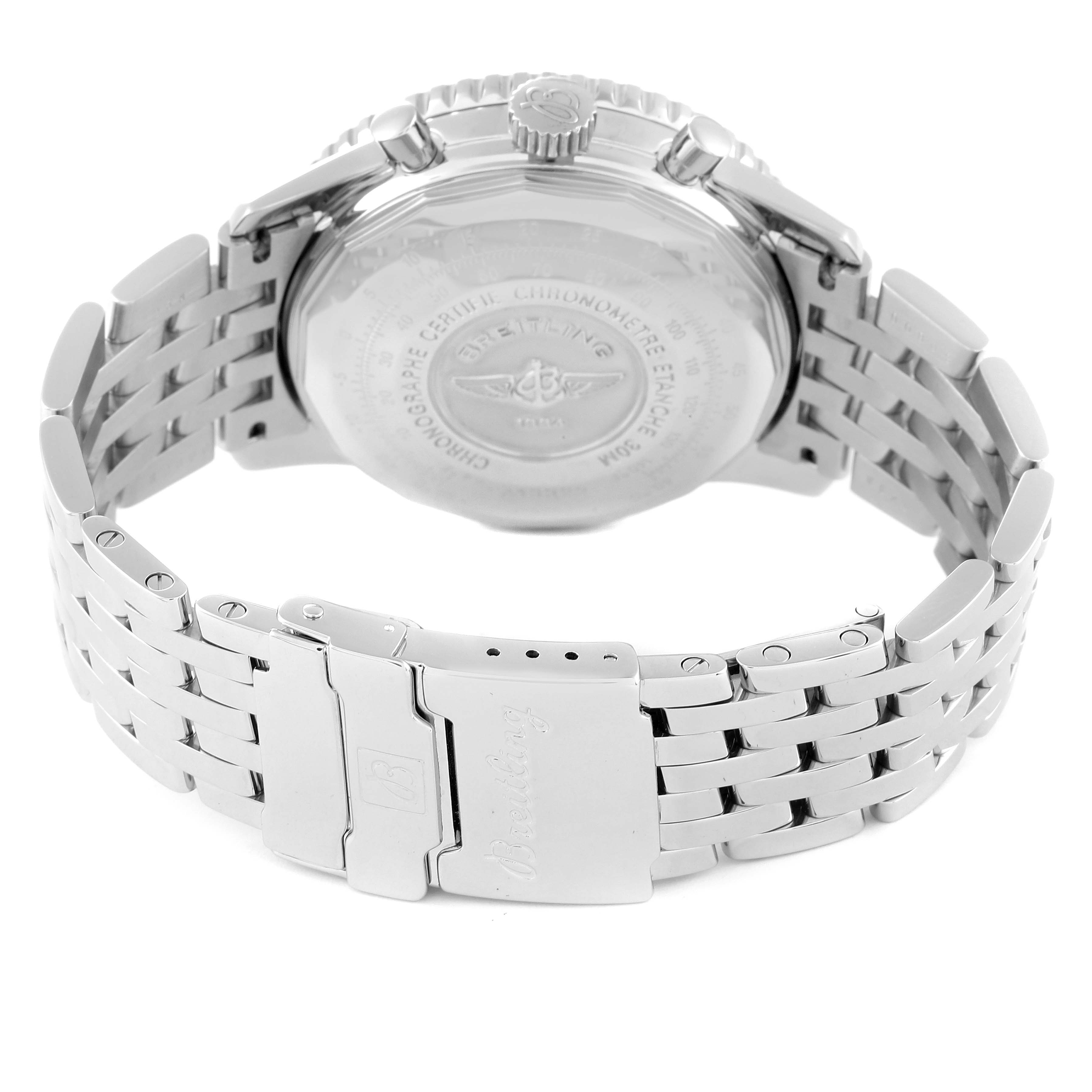 This image shows the back view of the Breitling Navitimer A13322 Men
s Stainless Steel Blue Dial A13322 Men
s Stainless Steel Blue Dial watch, highlighting the case back and metal bracelet.