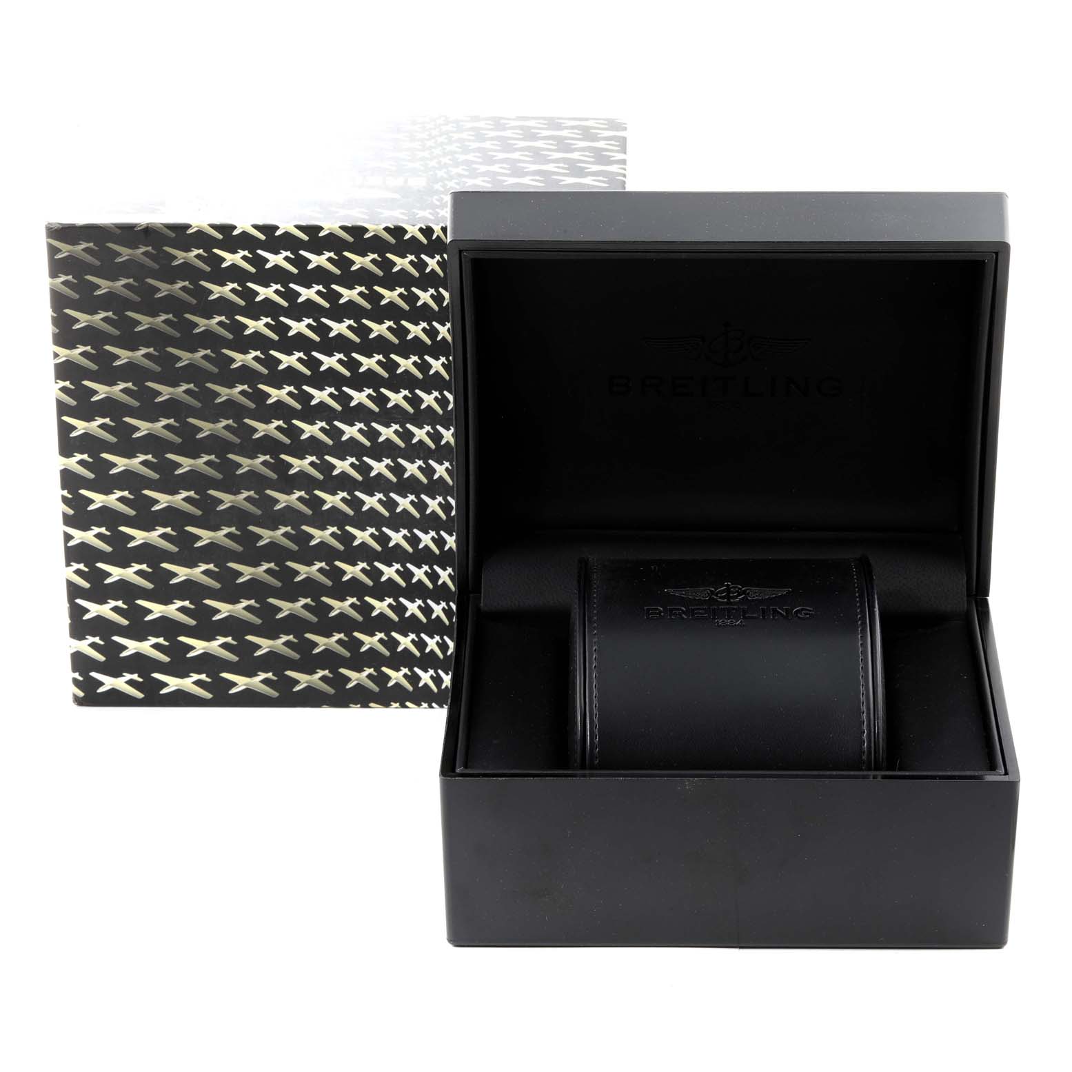 The image shows a Breitling Navitimer A13322 Men
s Stainless Steel Blue Dial A13322 Men
s Stainless Steel Blue Dial watch box and cushion from an elevated front angle, with the outer box also visible.