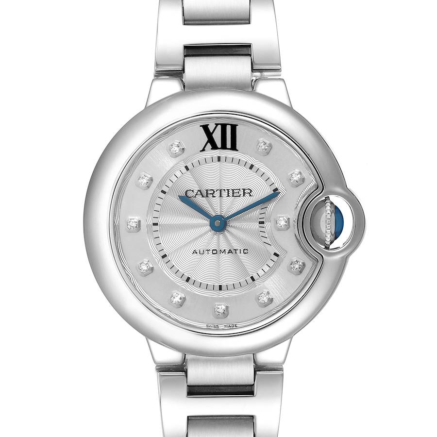This image shows a Cartier Ballon Bleu watch from the front, highlighting its dial, case, and metal bracelet.