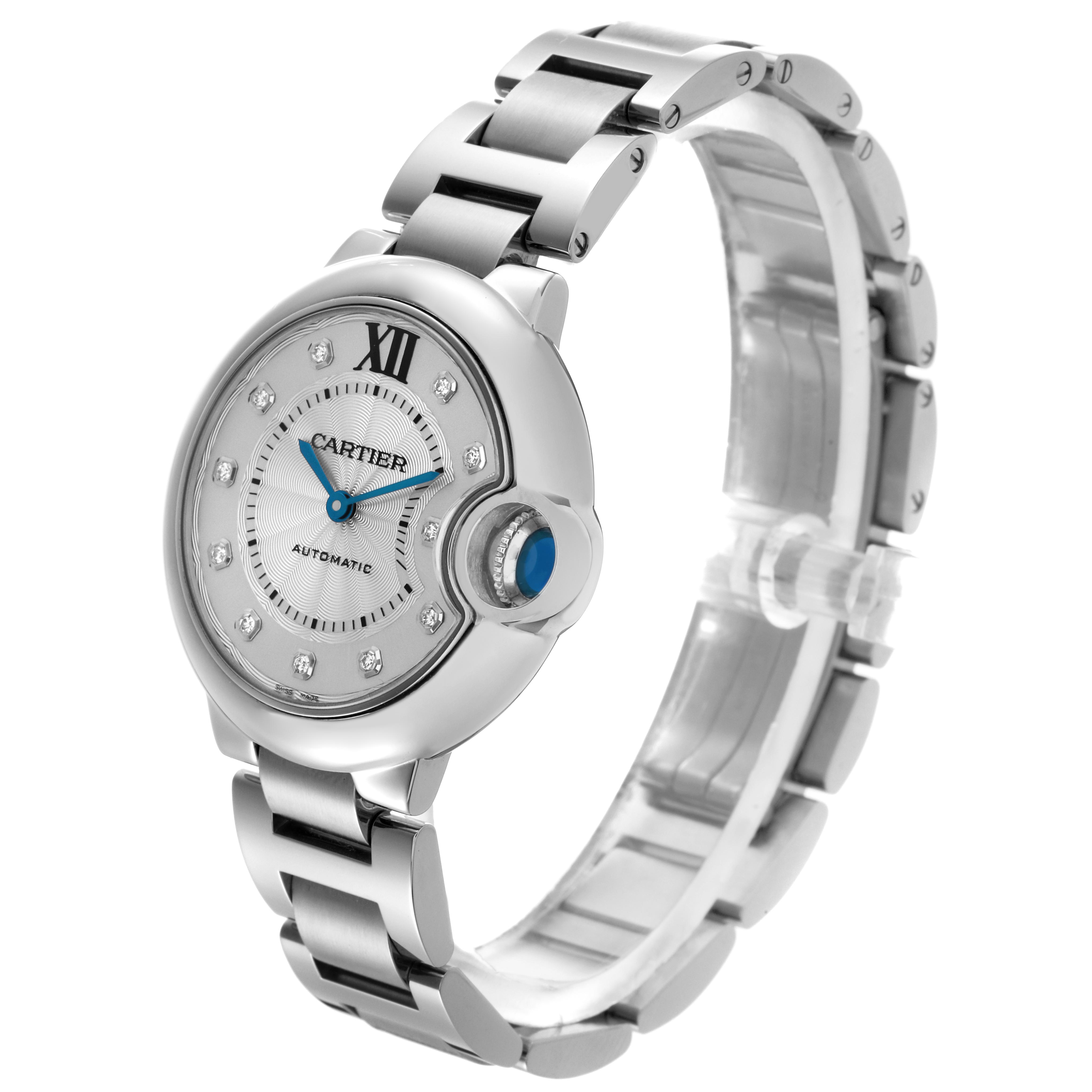 The Cartier Ballon Bleu WE902074 Women's Stainless Steel Silver Dial WE902074 Women's Stainless Steel Silver Dial watch is shown from a slight side angle, displaying the face, strap, and signature crown.