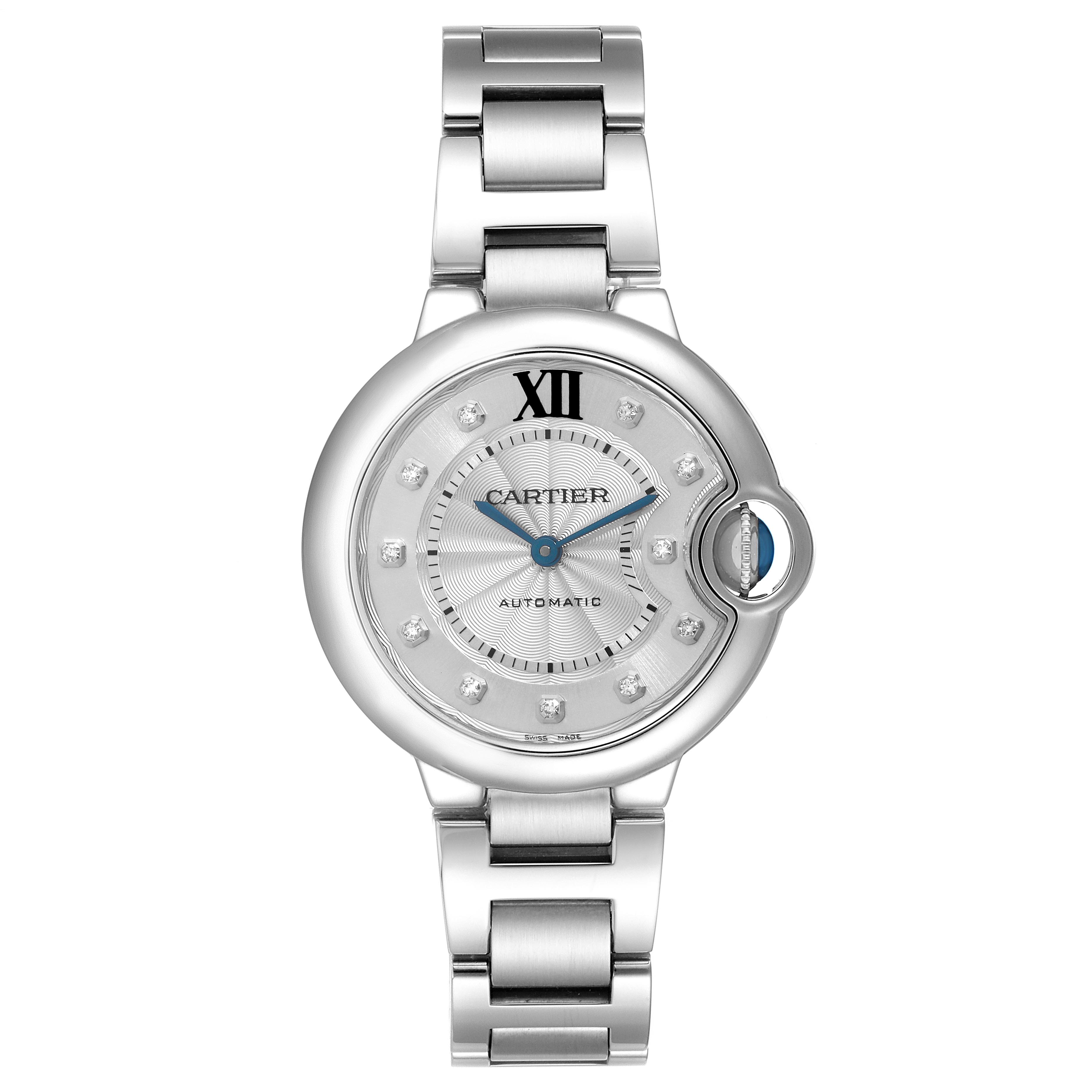 The Cartier Ballon Bleu WE902074 Women's Stainless Steel Silver Dial WE902074 Women's Stainless Steel Silver Dial watch is shown from a top-down angle, displaying its round face, metal bracelet, and signature blue hands.
