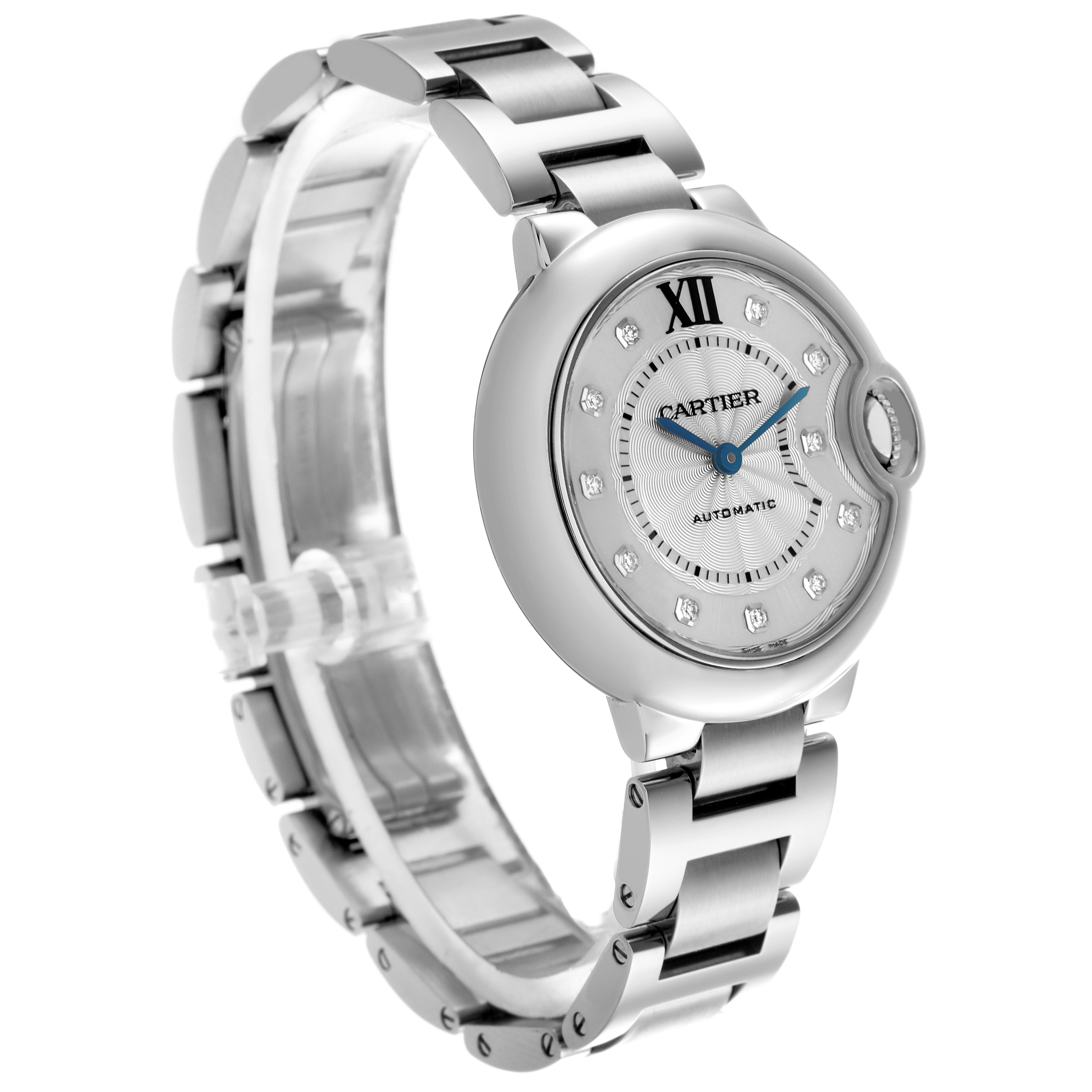 The Cartier Ballon Bleu WE902074 Women's Stainless Steel Silver Dial WE902074 Women's Stainless Steel Silver Dial watch is shown at a three-quarter angle, displaying the face, crown, and bracelet.