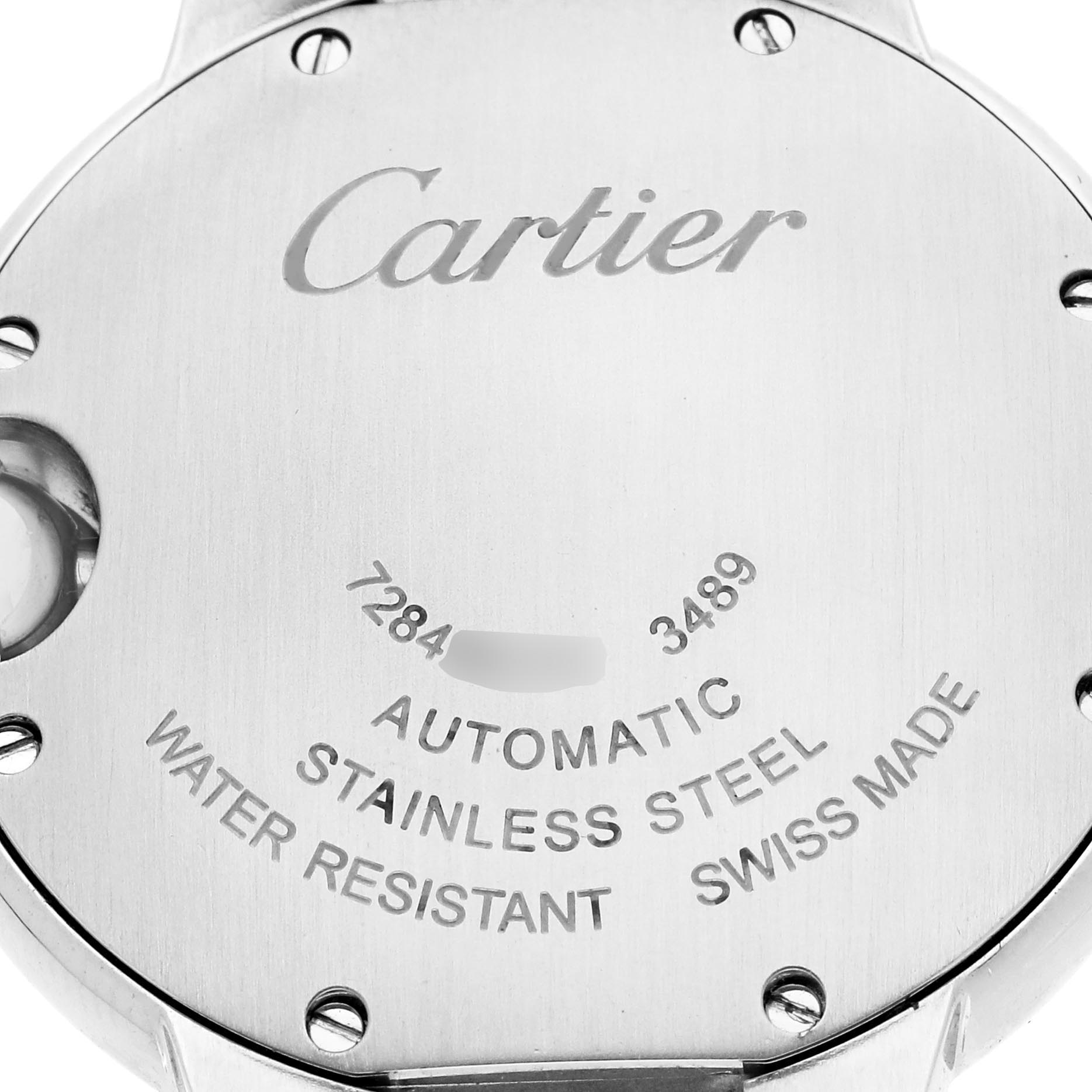 The image shows the back of a Cartier Ballon Bleu WE902074 Women's Stainless Steel Silver Dial WE902074 Women's Stainless Steel Silver Dial watch, featuring branding and specifications.