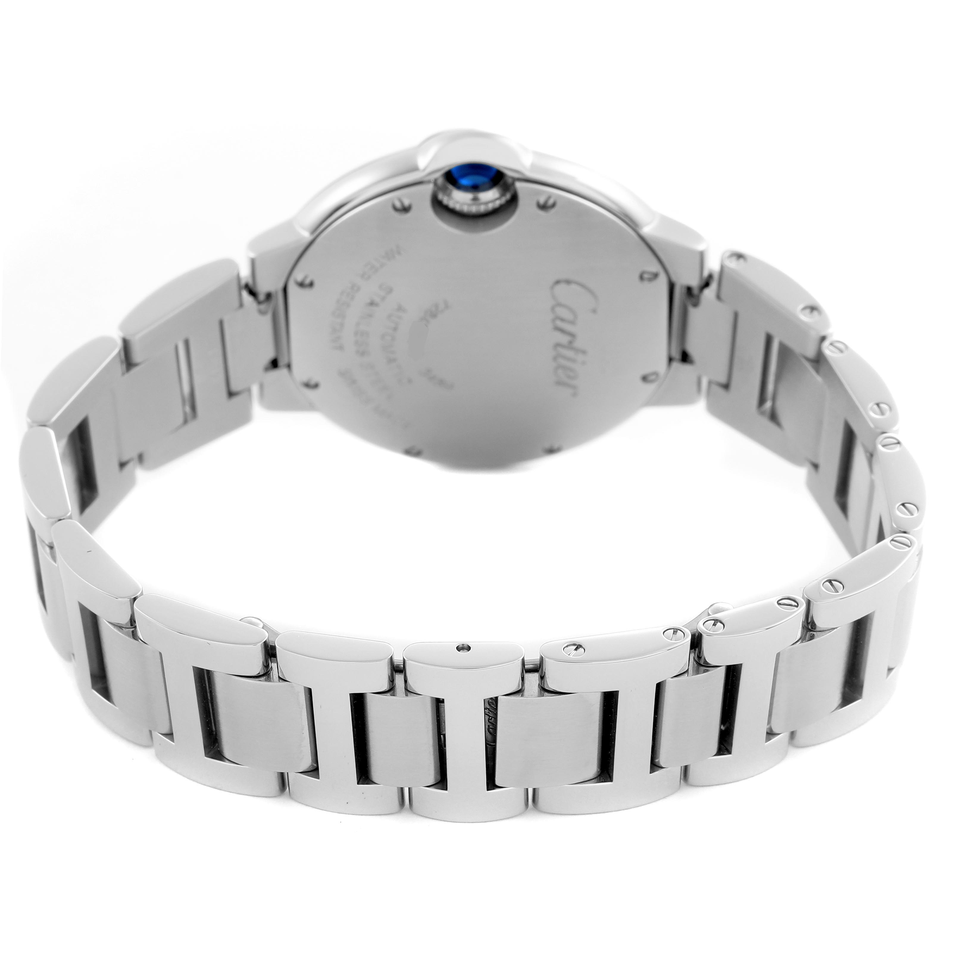 The image shows the back view of the Cartier Ballon Bleu WE902074 Women's Stainless Steel Silver Dial WE902074 Women's Stainless Steel Silver Dial watch, highlighting the bracelet and caseback with an exposed crown.
