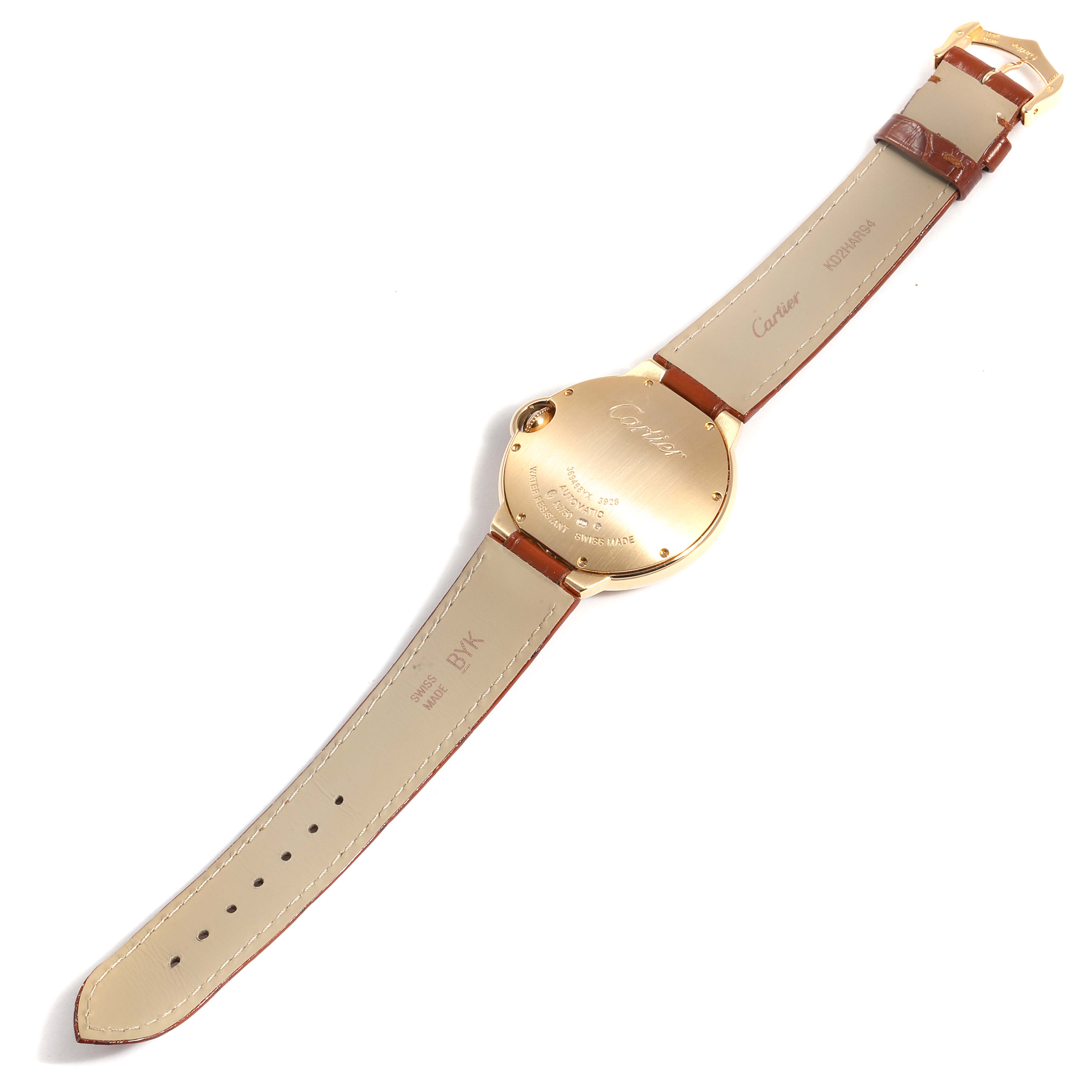 This image shows the back view of a Cartier Ballon Bleu WE900451 Women
s Yellow Gold Silver Dial WE900451 Women
s Yellow Gold Silver Dial watch, featuring its strap and case back.