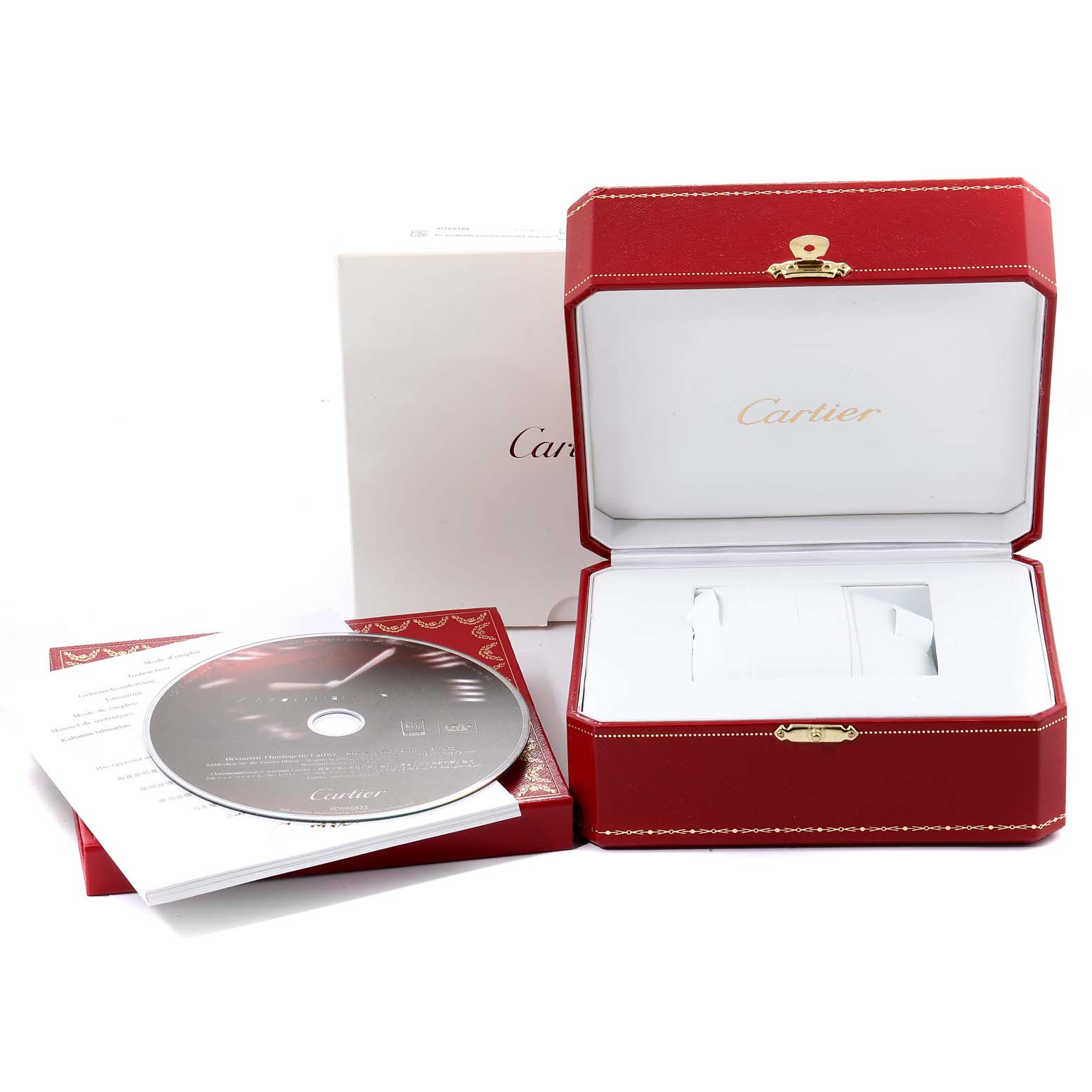 This image shows the packaging of a Cartier Ballon Bleu WE900451 Women
s Yellow Gold Silver Dial WE900451 Women
s Yellow Gold Silver Dial watch, including the red watch box, a CD, and documentation.