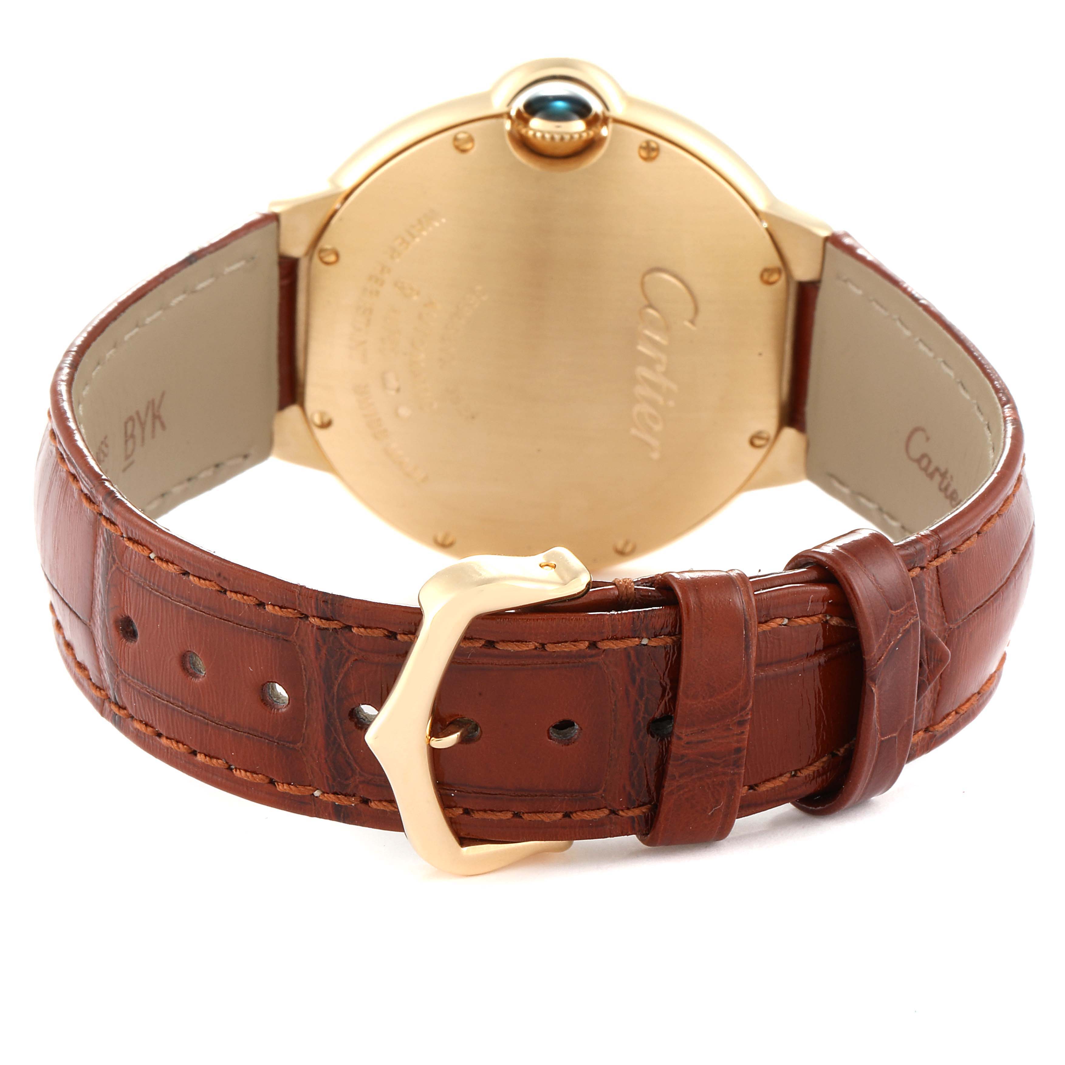 This image shows the back view of the Cartier Ballon Bleu WE900451 Women
s Yellow Gold Silver Dial WE900451 Women
s Yellow Gold Silver Dial watch, highlighting the gold case, leather strap, and buckle.