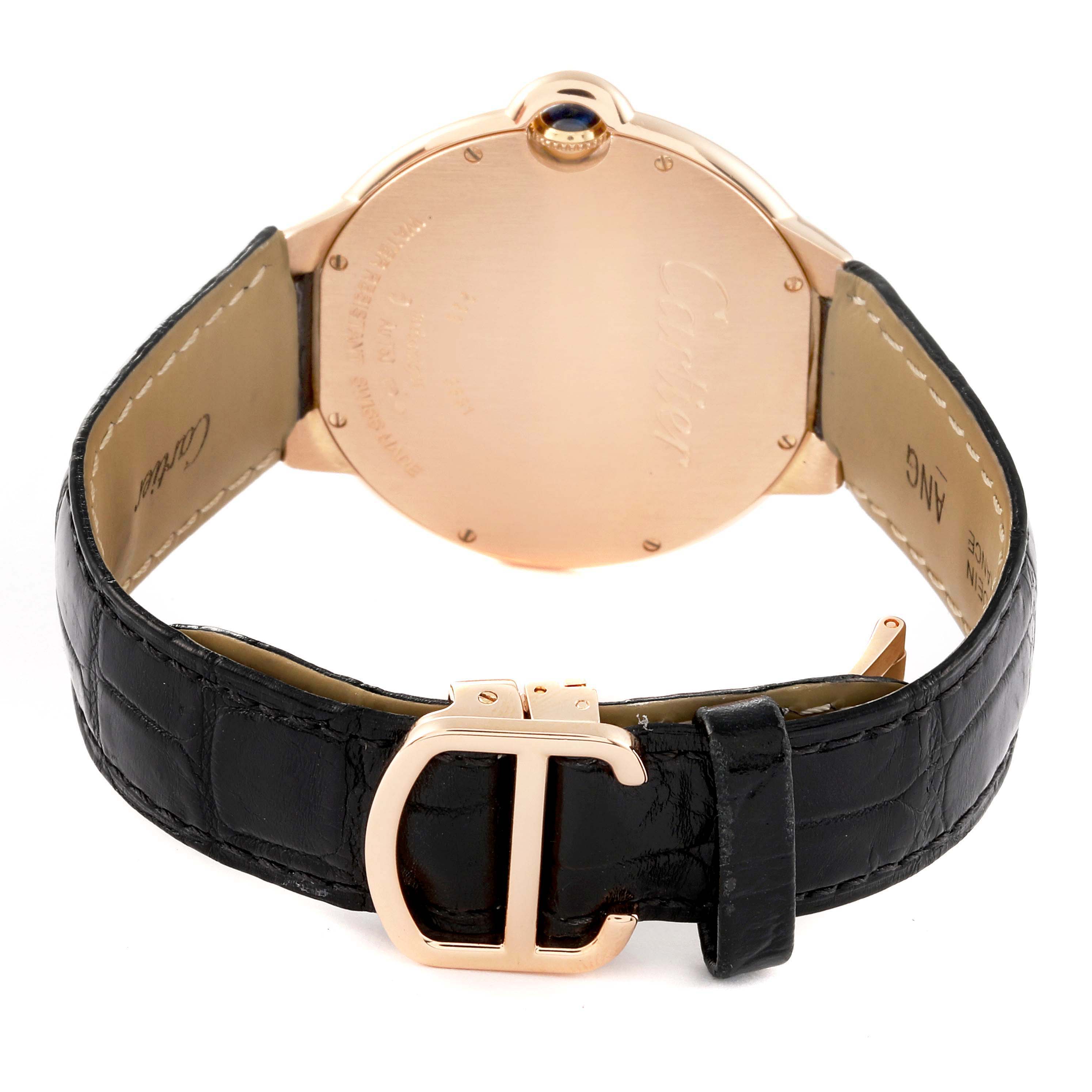 The image shows the back view of a Cartier Ballon Bleu WE902055 Men
s Rose Gold Silver Dial WE902055 Men
s Rose Gold Silver Dial watch, highlighting the case back and the black strap with a gold buckle.