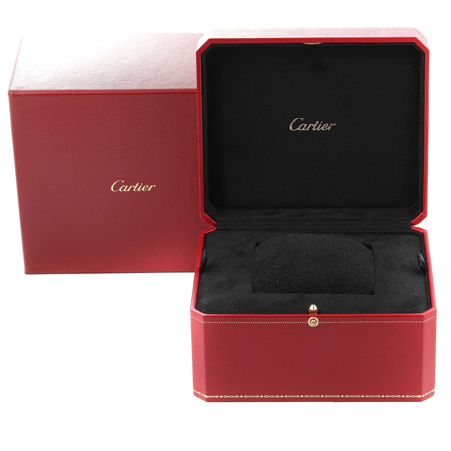 This image shows an open red Cartier Ballon Bleu WE902055 Men
s Rose Gold Silver Dial WE902055 Men
s Rose Gold Silver Dial watch box with the Cartier logo visible inside.