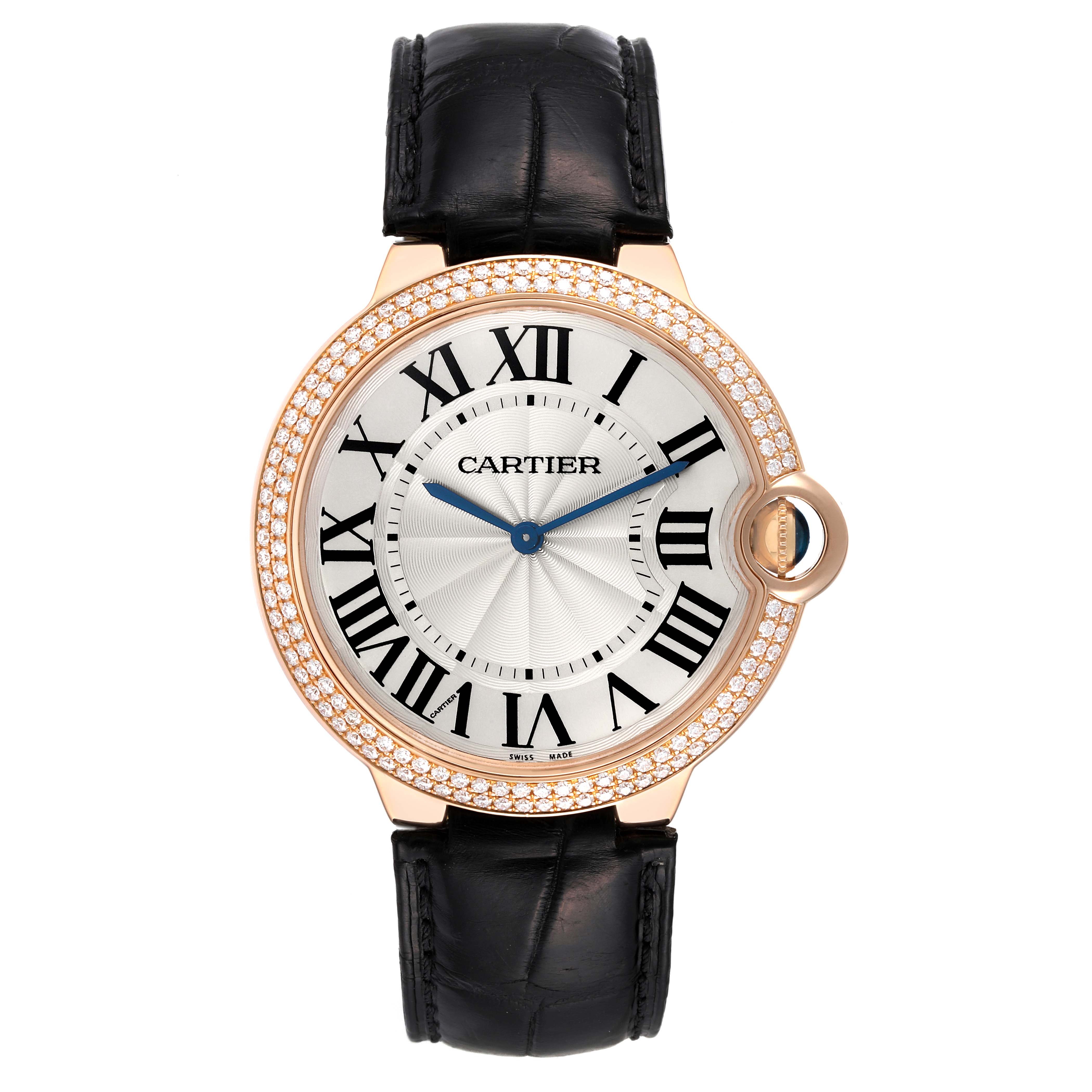 This image shows a front view of a Cartier Ballon Bleu WE902055 Men
s Rose Gold Silver Dial WE902055 Men
s Rose Gold Silver Dial watch with a black leather strap and diamond-encrusted bezel.