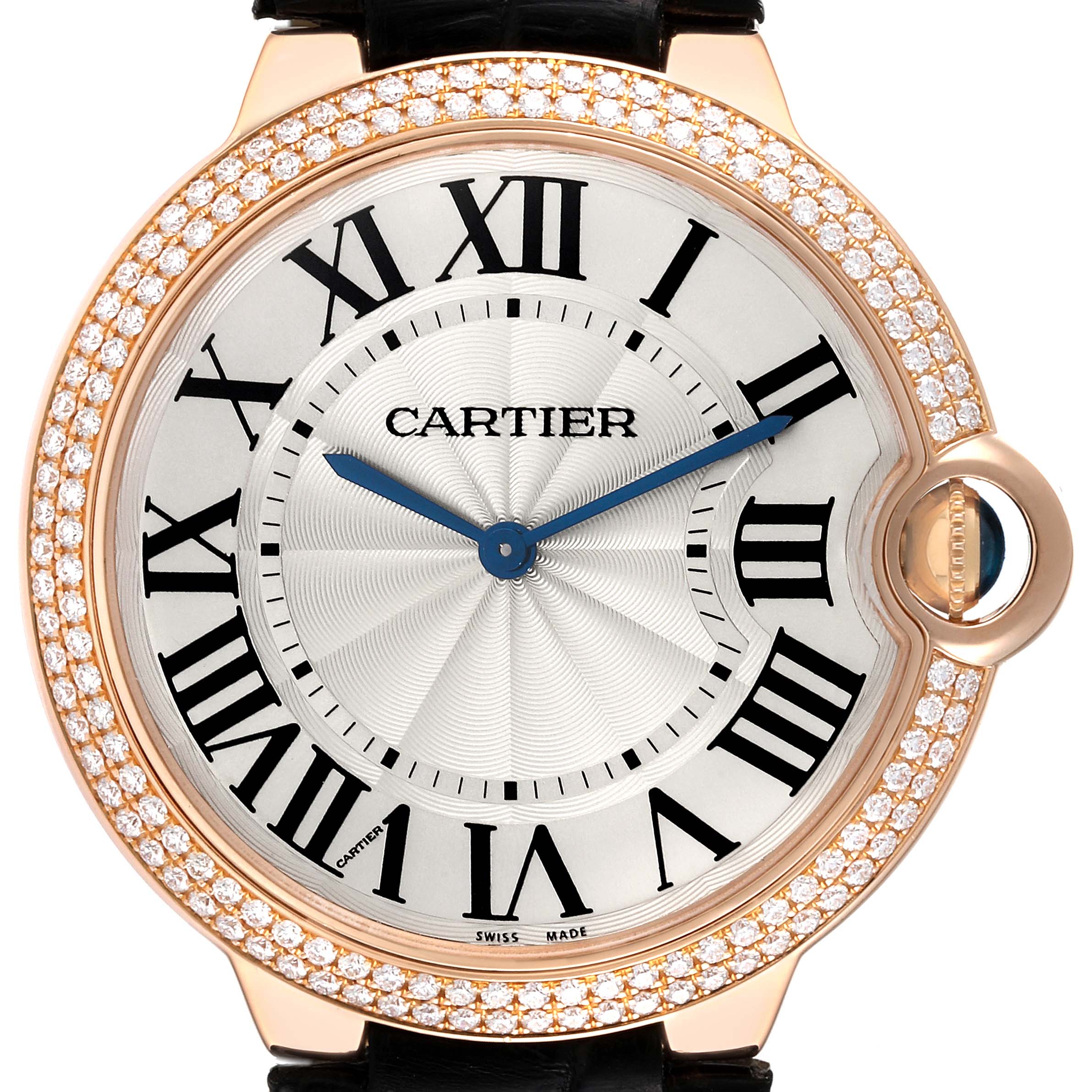 The image shows a front view of a Cartier Ballon Bleu WE902055 Men
s Rose Gold Silver Dial WE902055 Men
s Rose Gold Silver Dial watch, highlighting its dial, Roman numerals, blue hands, and diamond-set bezel.