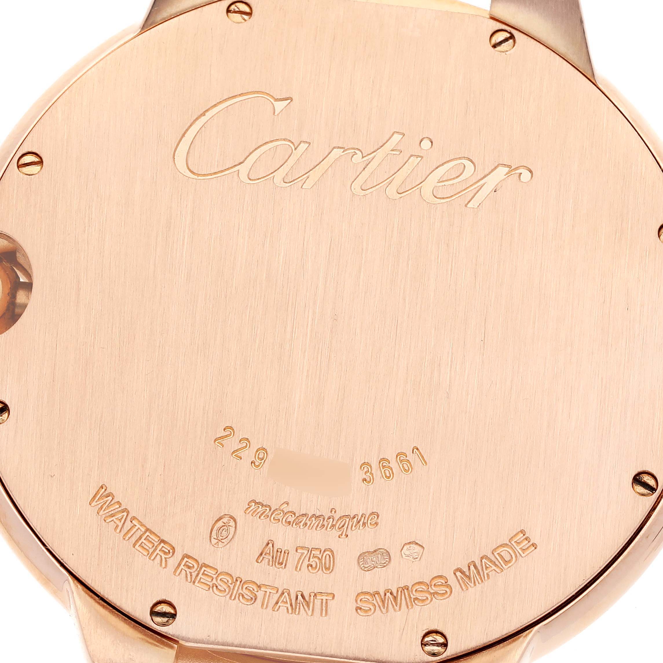 The image shows the back of a Cartier Ballon Bleu WE902055 Men
s Rose Gold Silver Dial WE902055 Men
s Rose Gold Silver Dial watch, highlighting the engraving and markings on the case.