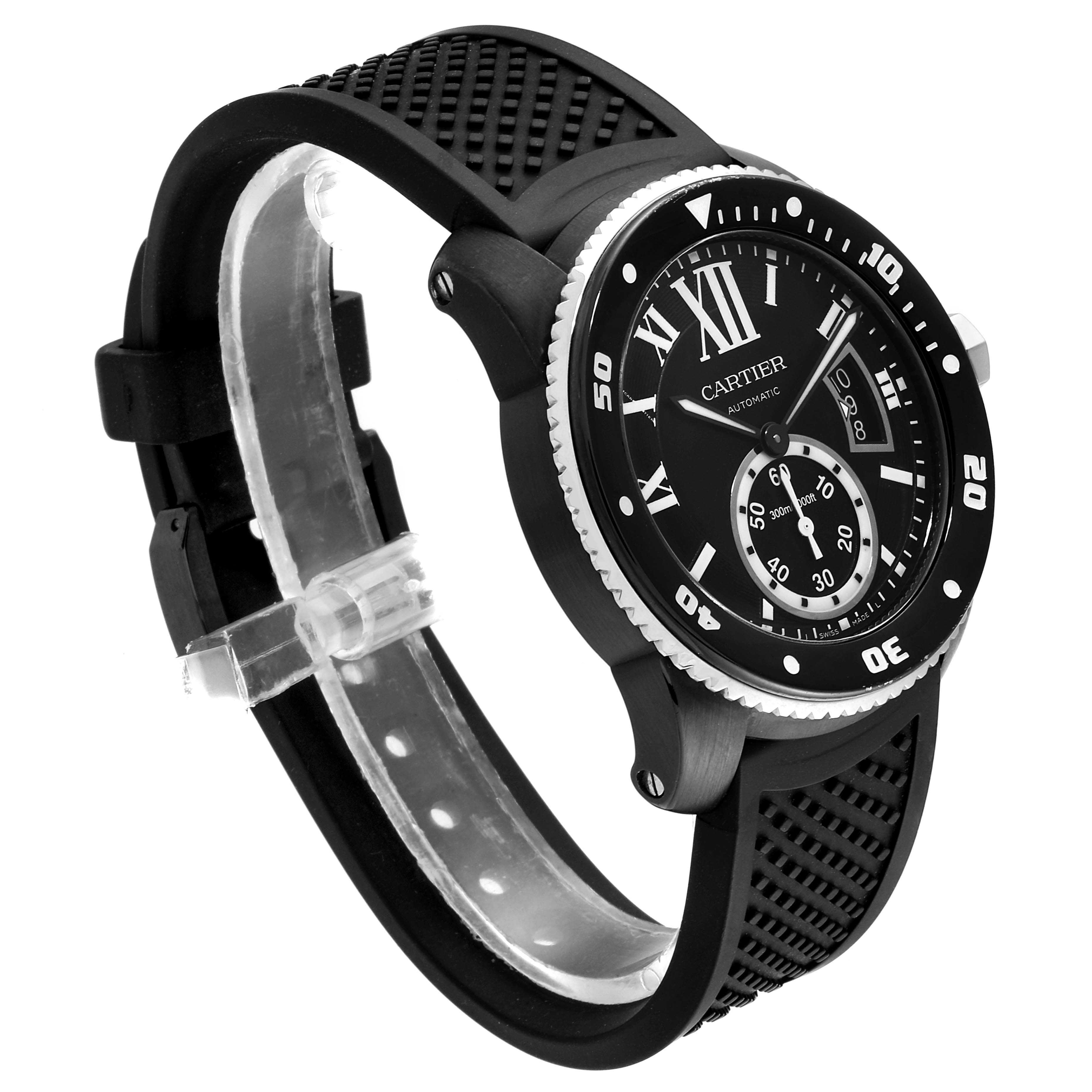 The image shows a side angle of the Calibre de Cartier model by Cartier, featuring its black rubber strap and bezel.