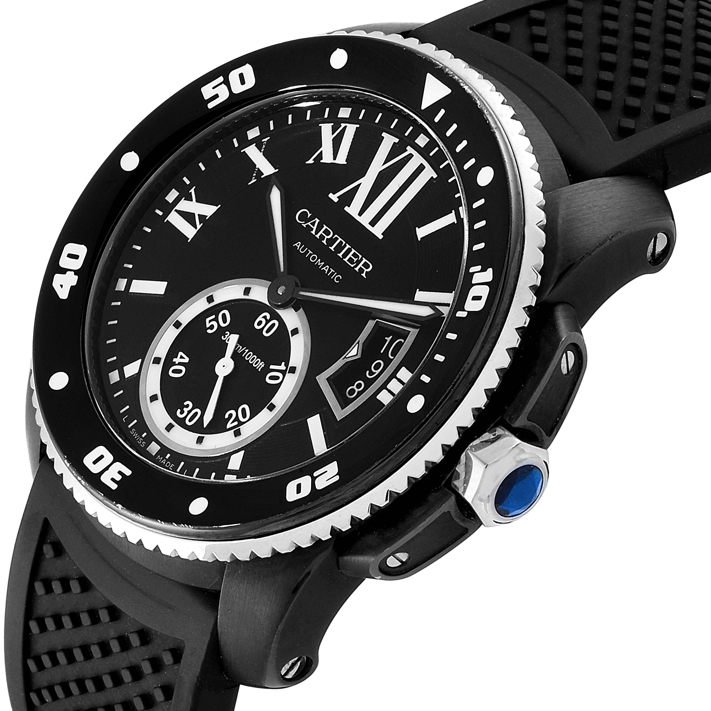 This image shows a close-up, angled view of the Calibre de Cartier watch by Cartier, highlighting its dial, bezel, crown, and part of the strap.