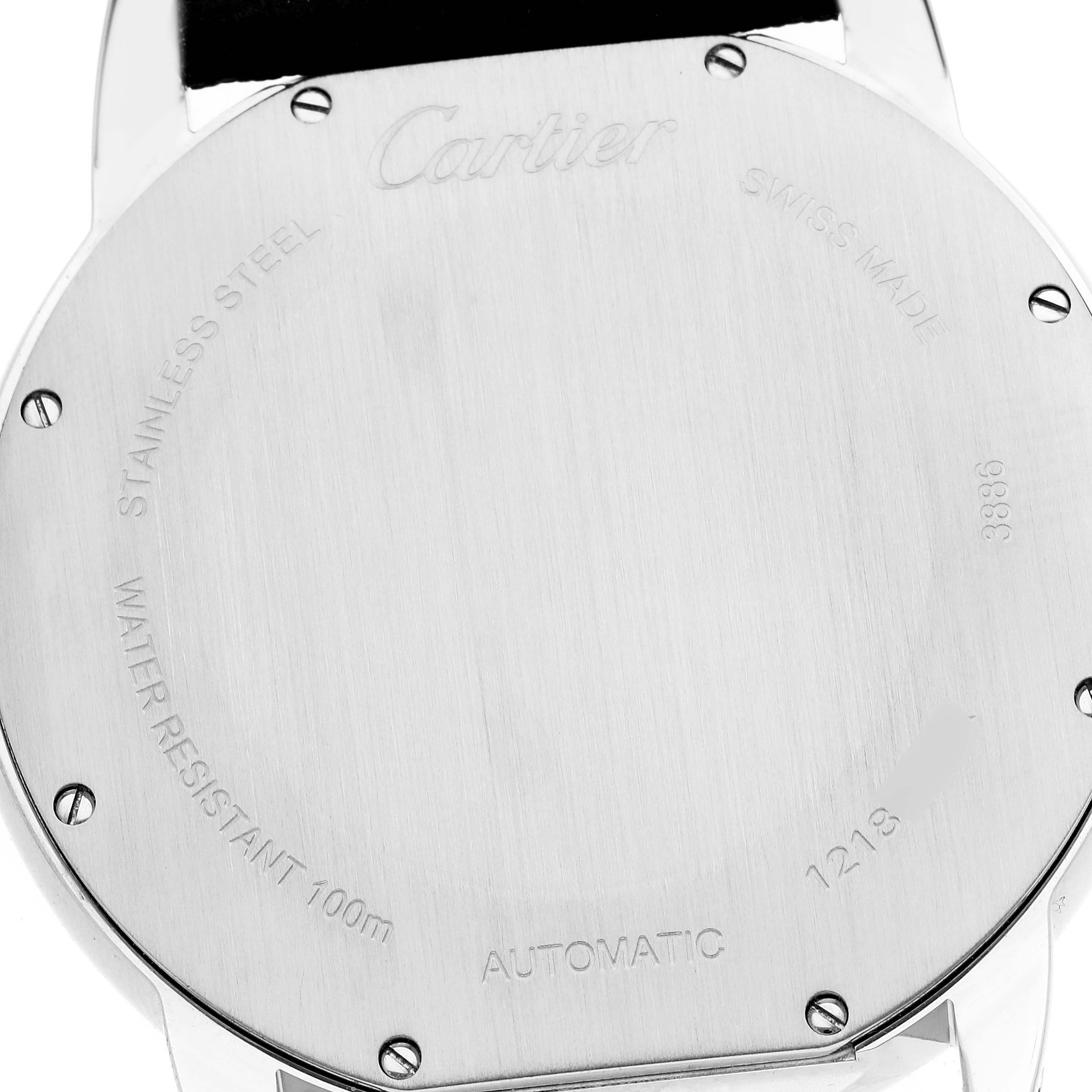 The image shows the back case of a Cartier Ronde WSRN0002 Men
s Stainless Steel Silver Dial WSRN0002 Men
s Stainless Steel Silver Dial watch, highlighting its stainless steel material and water resistance.