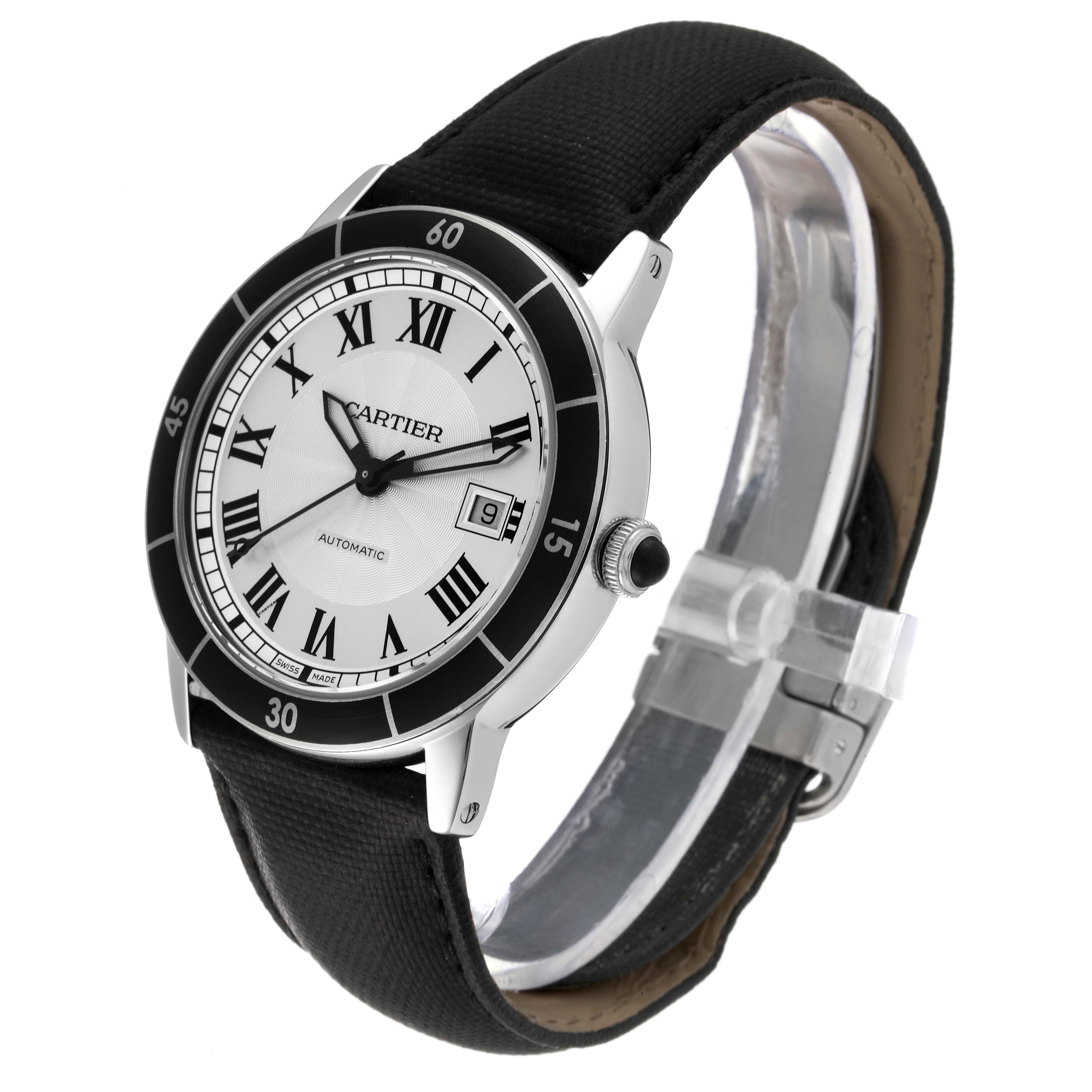 The Cartier Ronde WSRN0002 Men
s Stainless Steel Silver Dial WSRN0002 Men
s Stainless Steel Silver Dial watch is shown at a three-quarter angle, displaying the face, bezel, crown, and strap in detail.