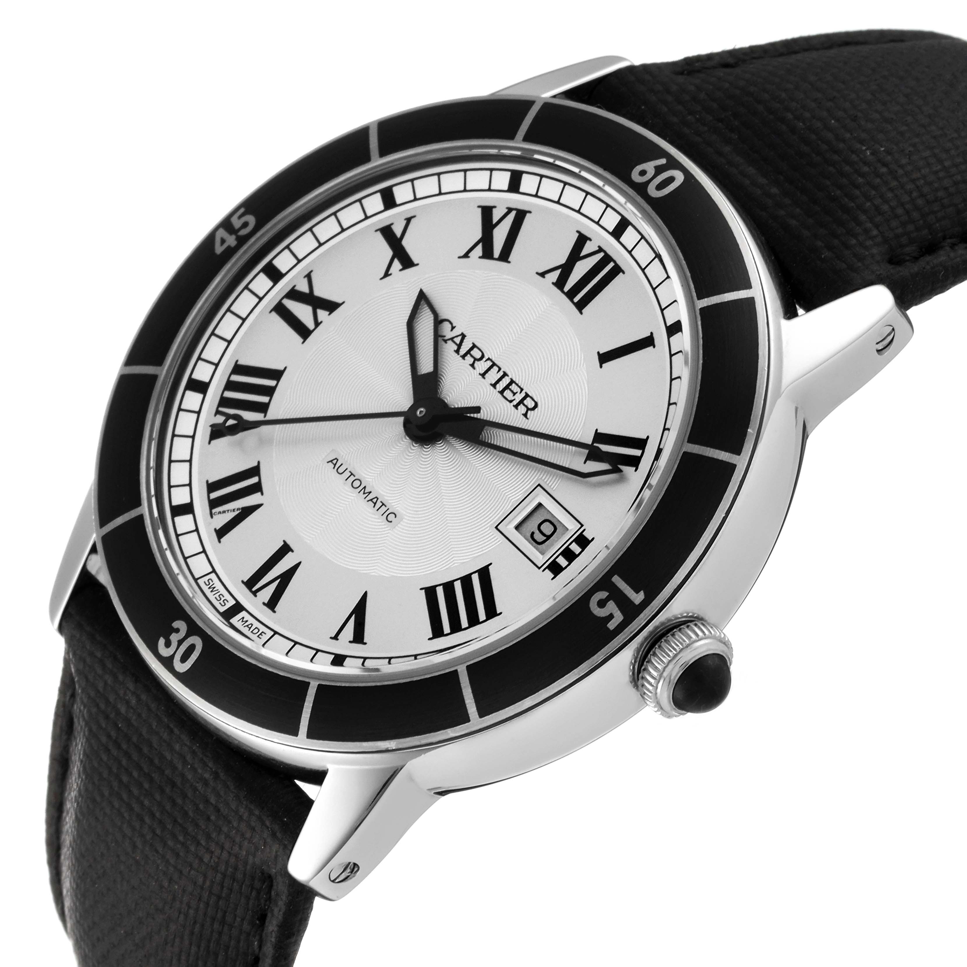 The Cartier Ronde WSRN0002 Men
s Stainless Steel Silver Dial WSRN0002 Men
s Stainless Steel Silver Dial watch is shown at a slight angle, highlighting the face, bezel, strap, and crown.