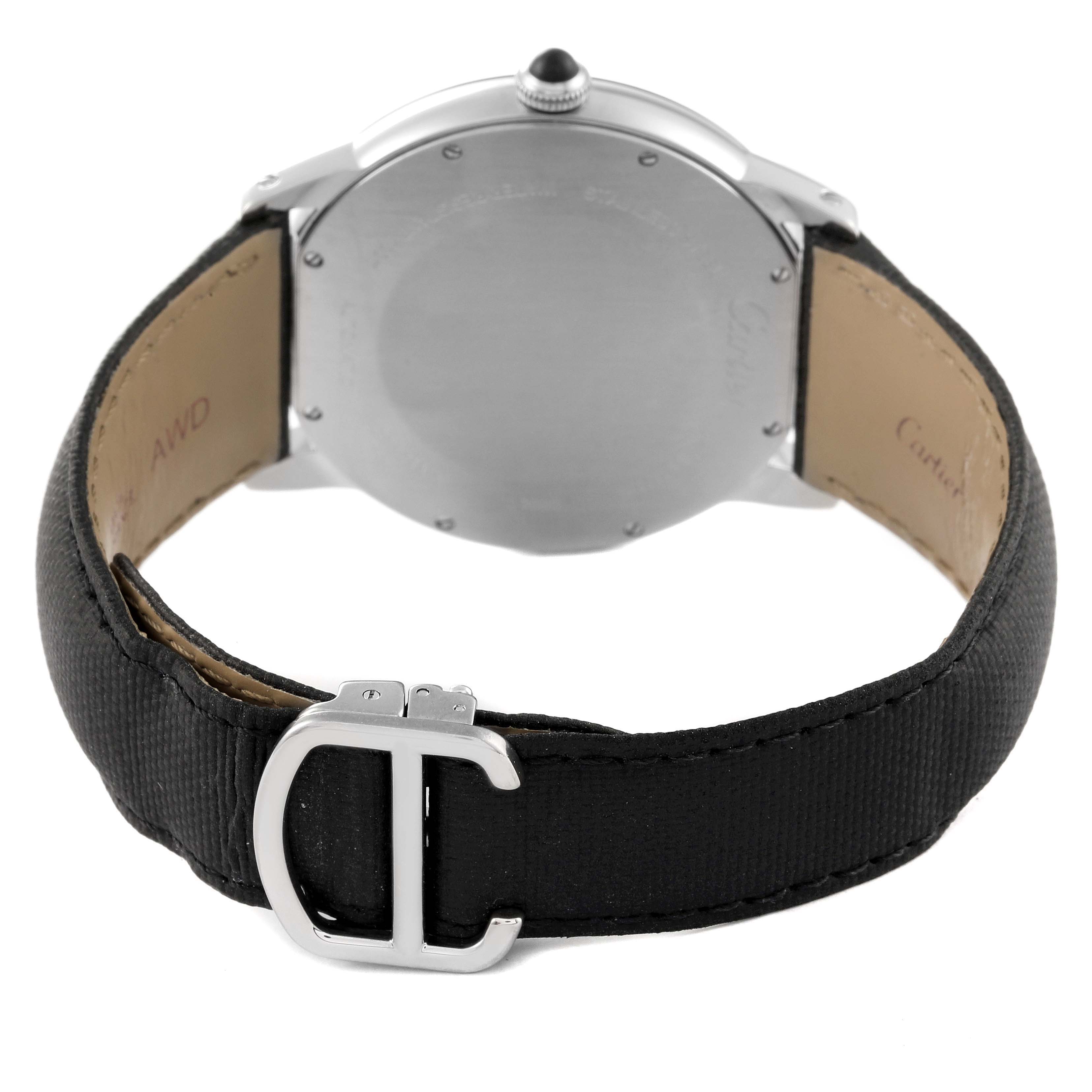 The image shows the back view of the Ronde model by Cartier, highlighting the case back, strap, and buckle.
