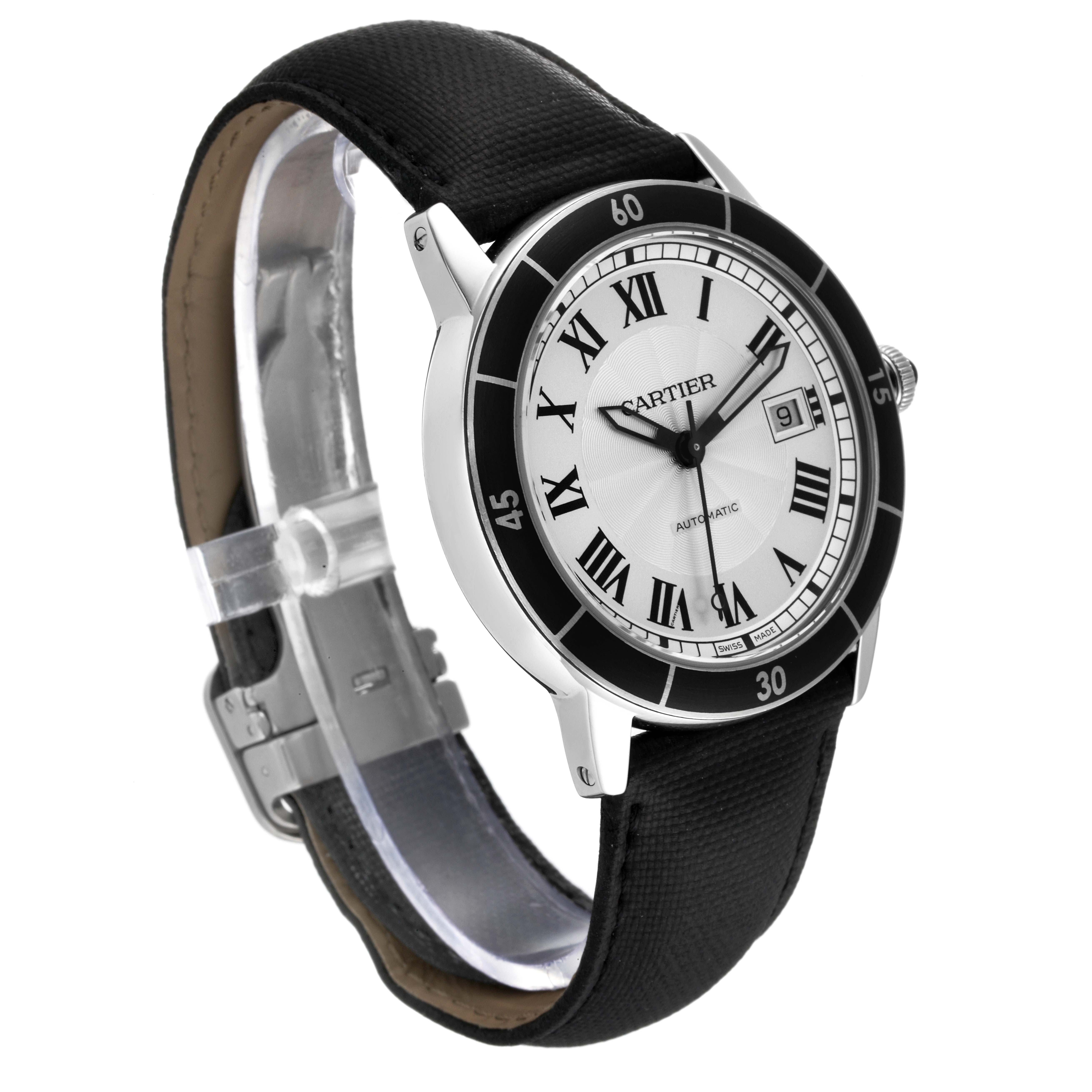 The image shows a Cartier Ronde WSRN0002 Men
s Stainless Steel Silver Dial WSRN0002 Men
s Stainless Steel Silver Dial model watch at an angled side view, highlighting the dial, strap, and part of the clasp.