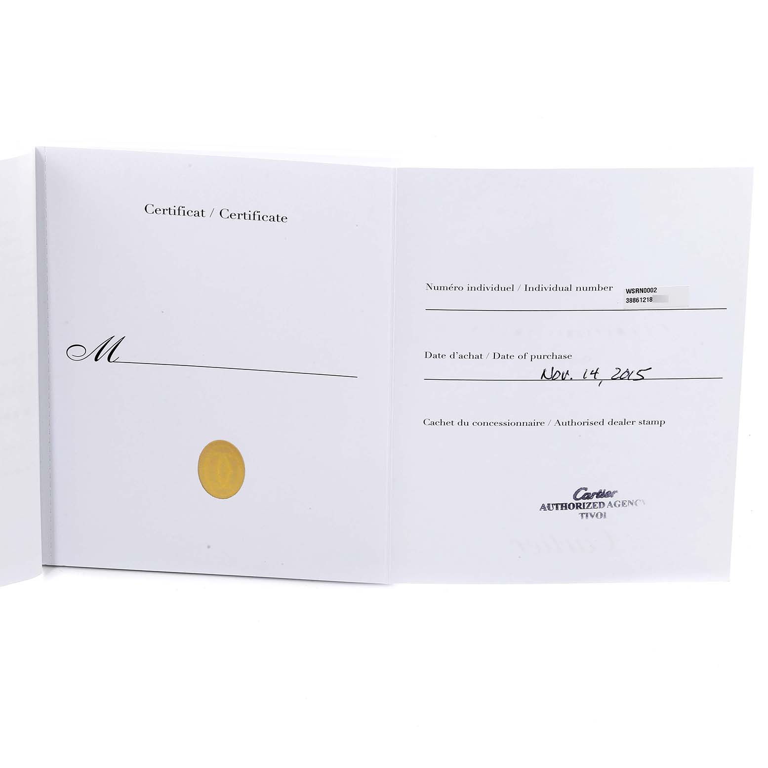 The image shows the certification booklet for a Cartier Ronde WSRN0002 Men
s Stainless Steel Silver Dial WSRN0002 Men
s Stainless Steel Silver Dial watch, specifically focusing on the inner pages including the purchase date.