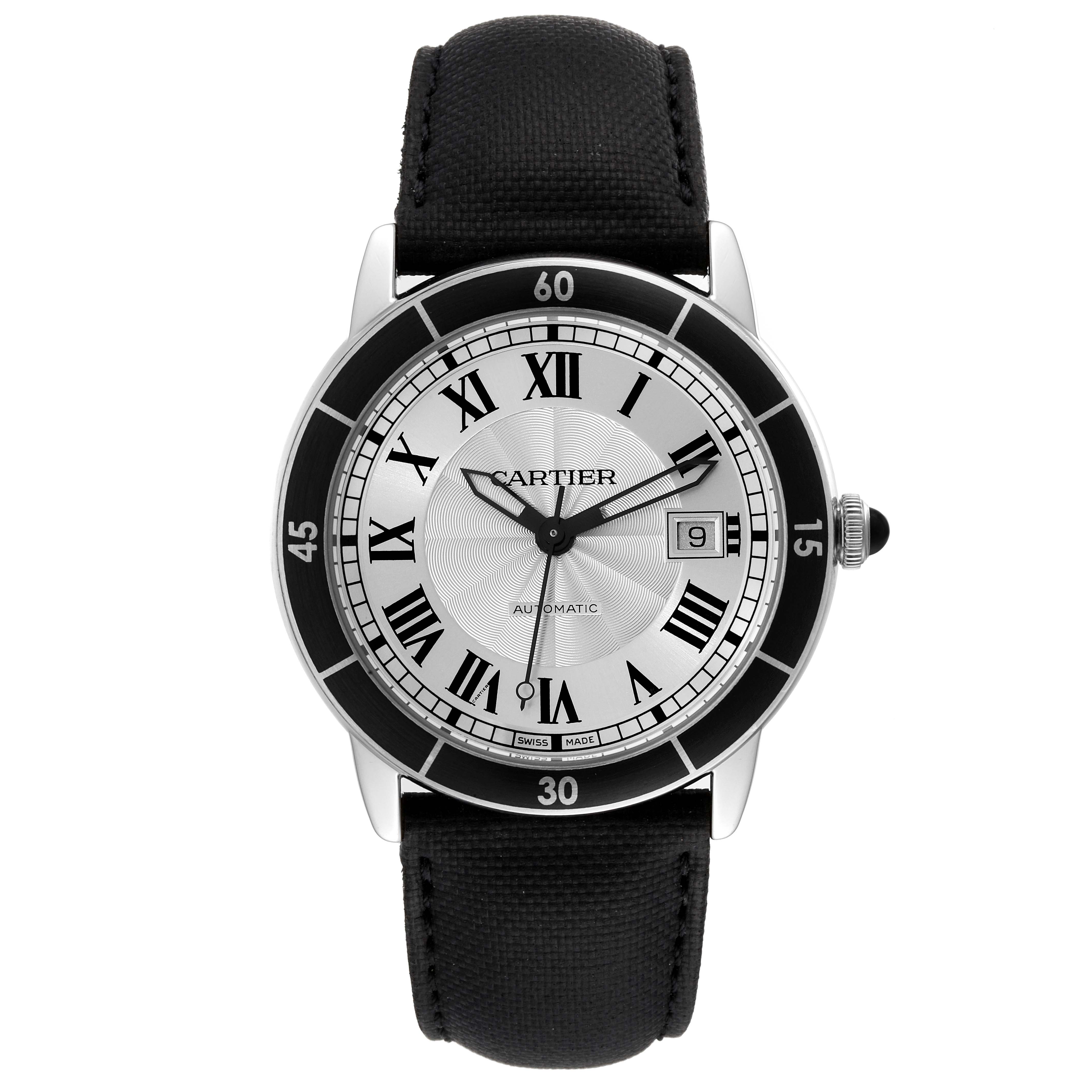 The image shows a frontal view of the Cartier Ronde WSRN0002 Men
s Stainless Steel Silver Dial WSRN0002 Men
s Stainless Steel Silver Dial watch with a black strap, silver dial, and Roman numeral indices.